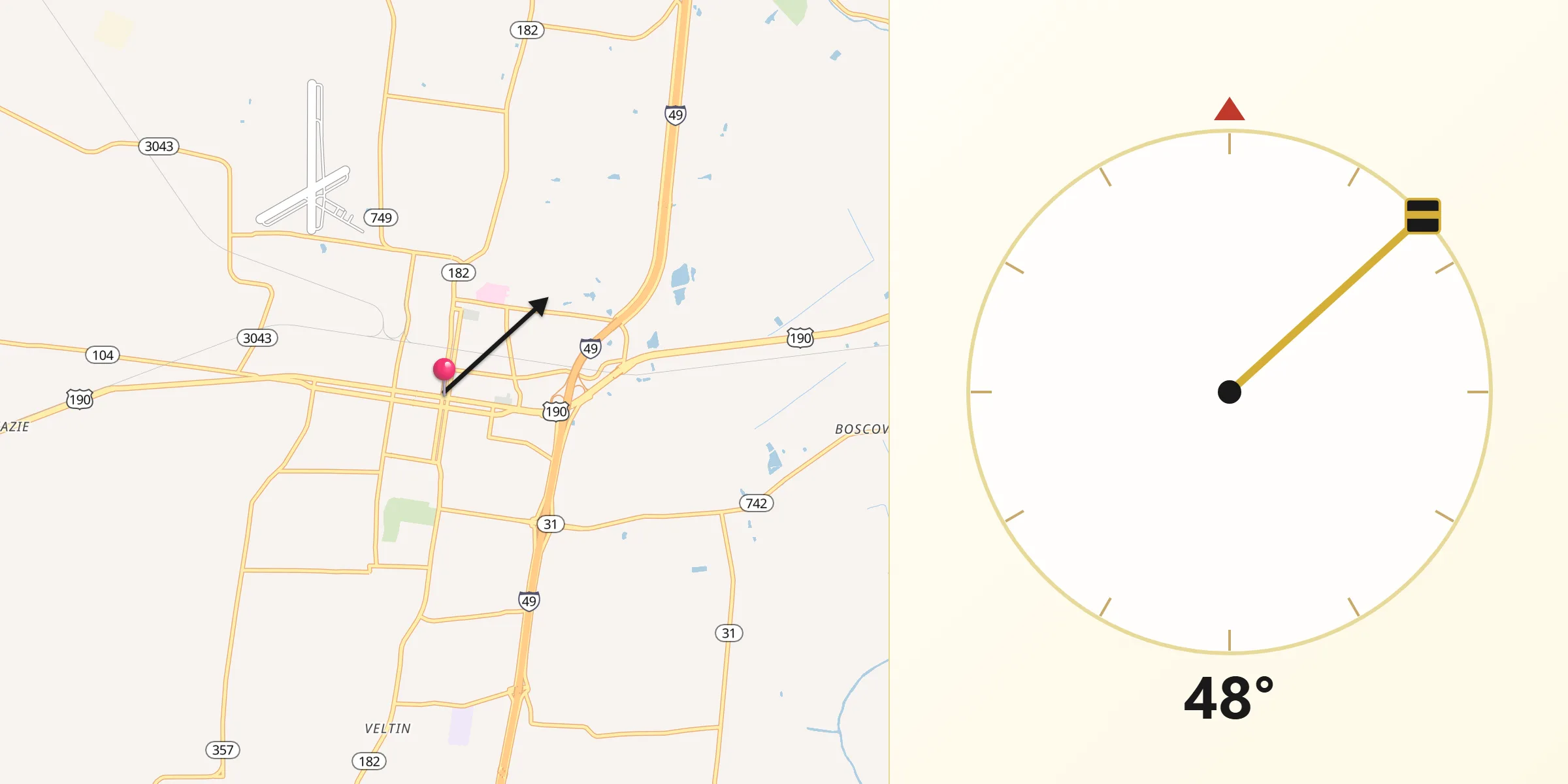 Qibla Direction from Opelousas