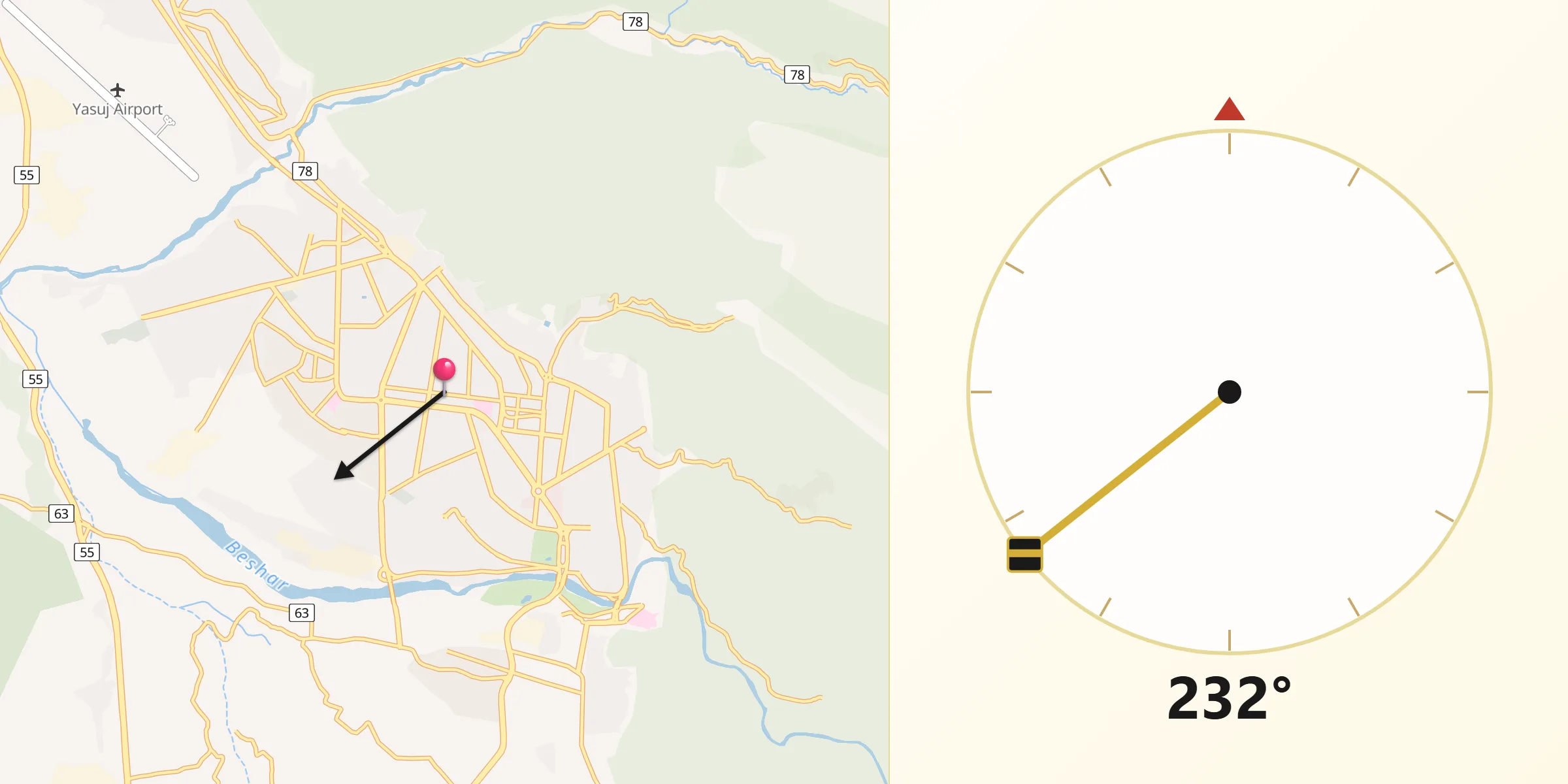 Direction vers la Qibla depuis Yasouj
