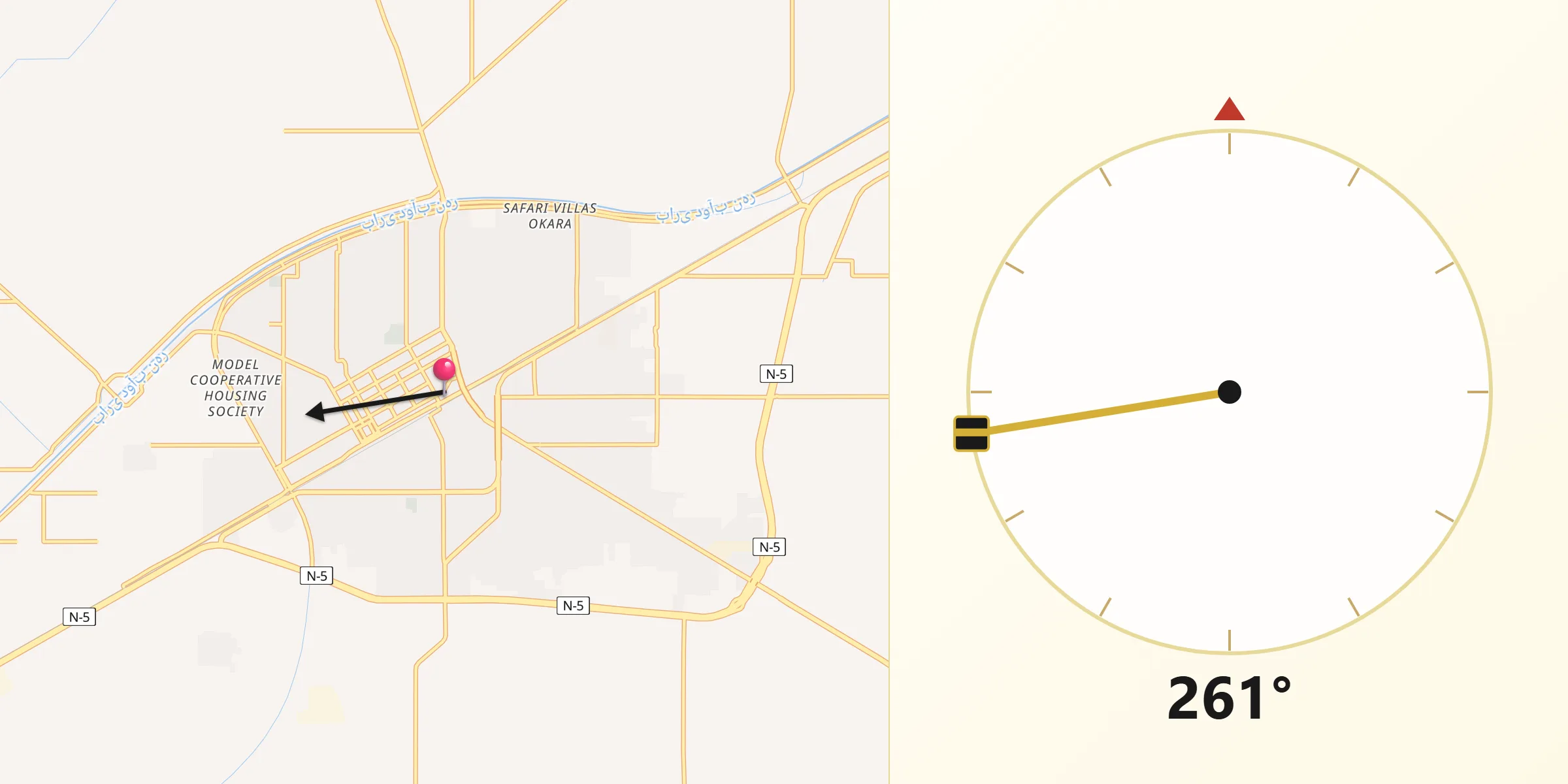 Direction vers la Qibla depuis Okara