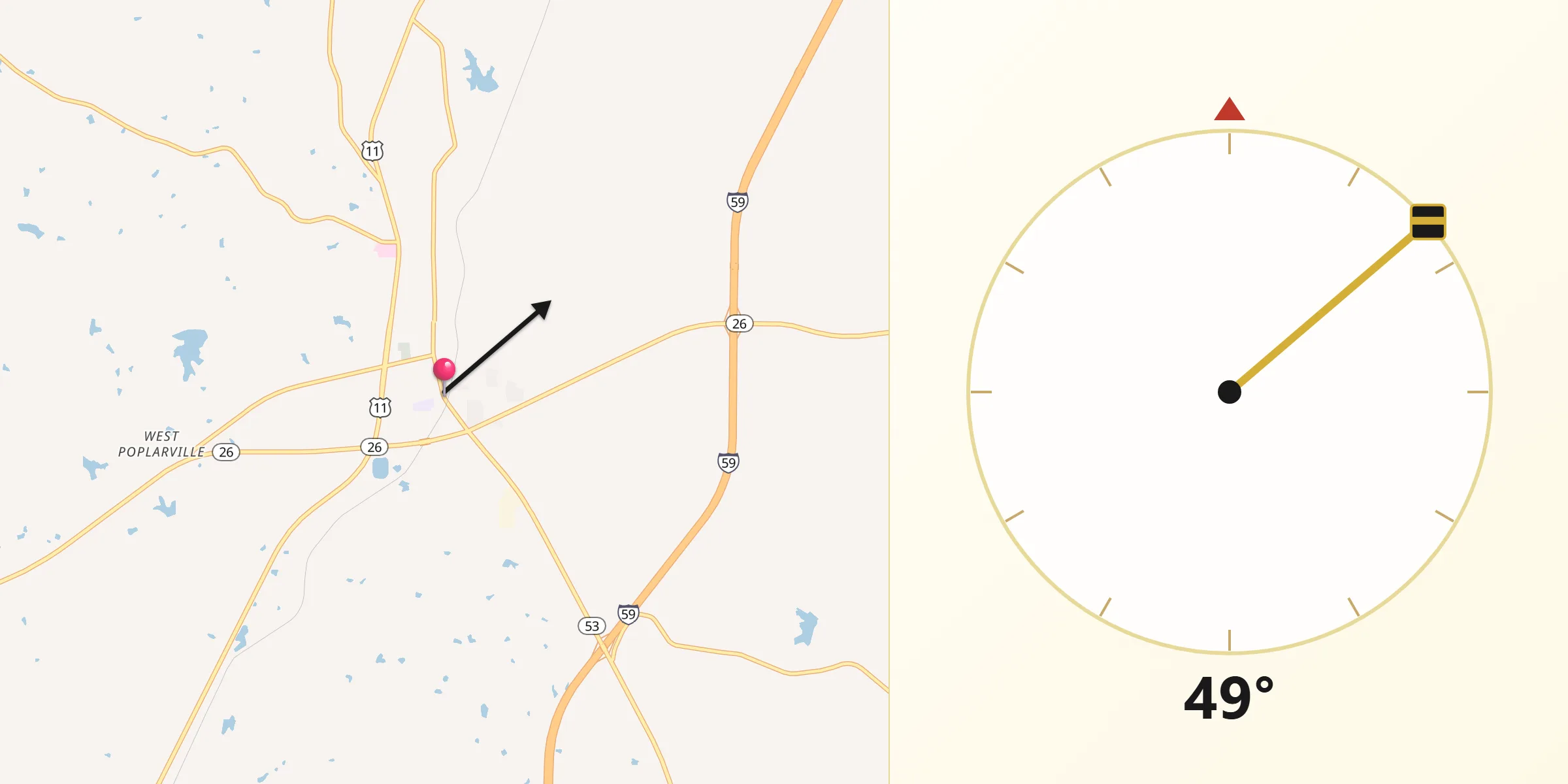 Qibla Direction from Poplarville
