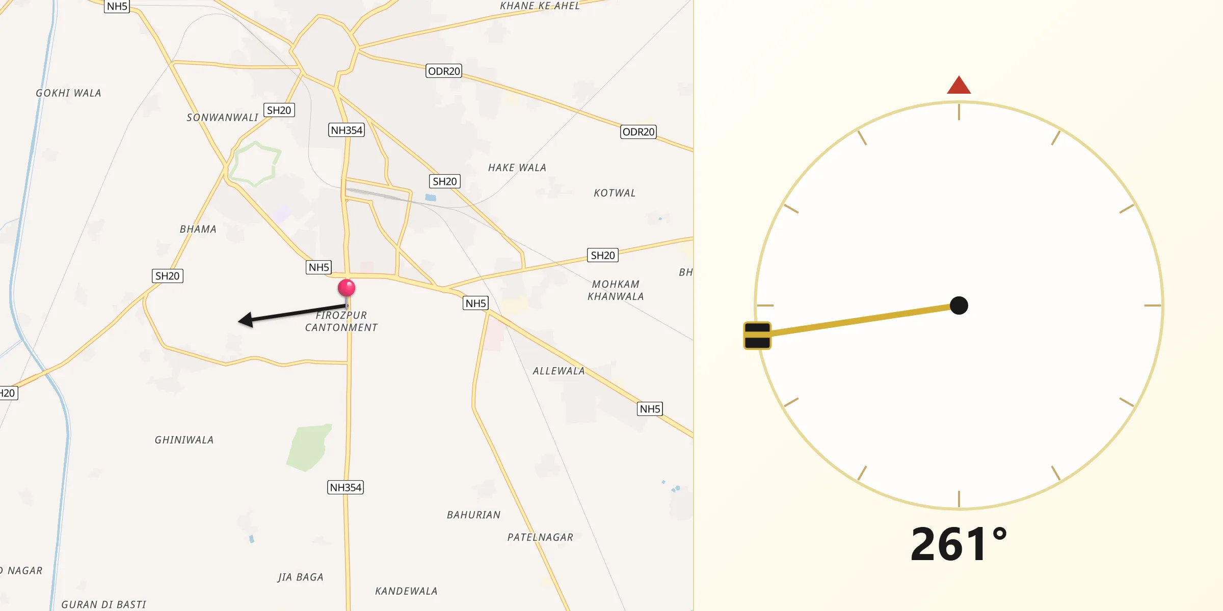 Qibla Direction from Firozpur