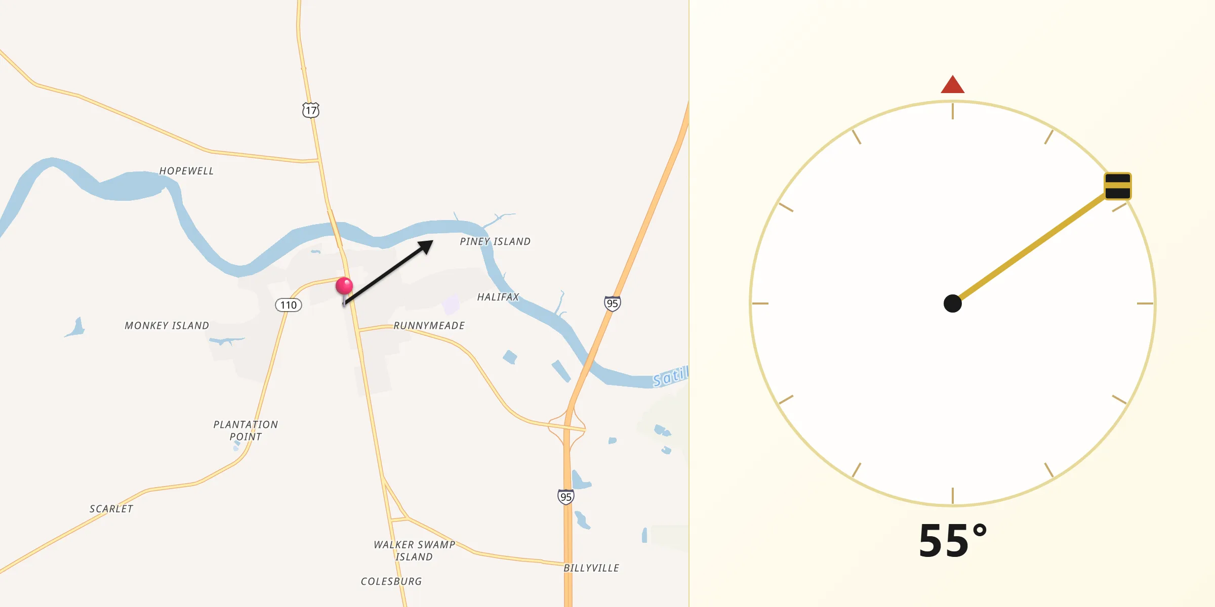 Qibla Direction from Woodbine