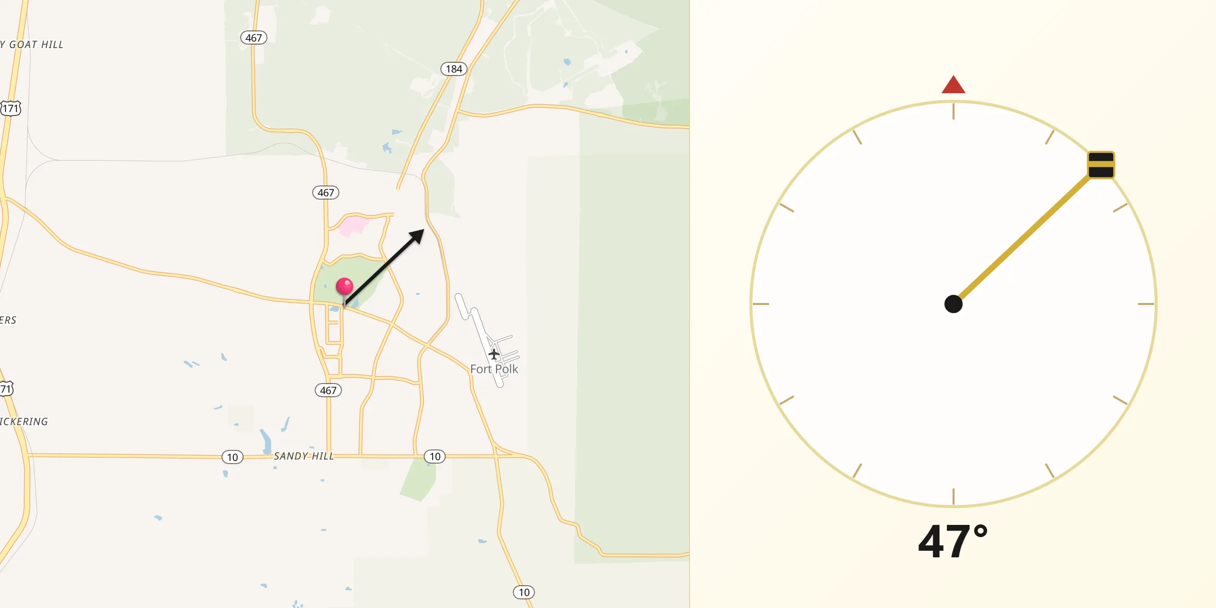 Qibla Direction from Fort Polk South