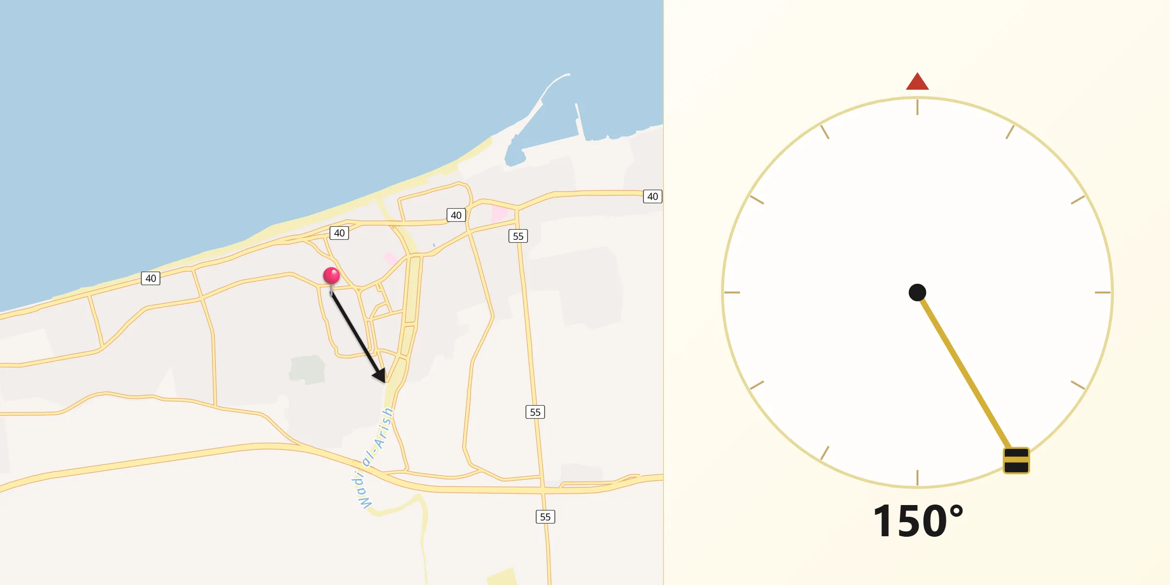 Direction vers la Qibla depuis El-Arich