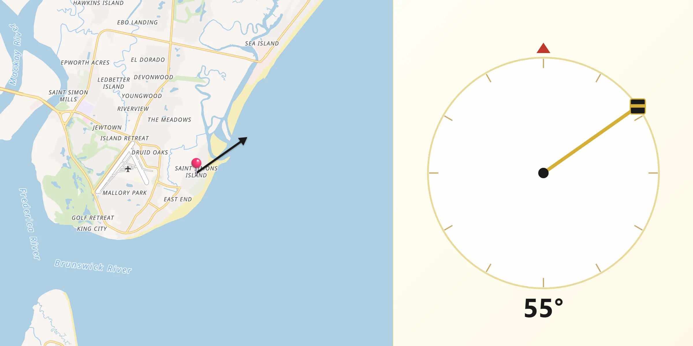 Qibla Direction from Saint Simons Island