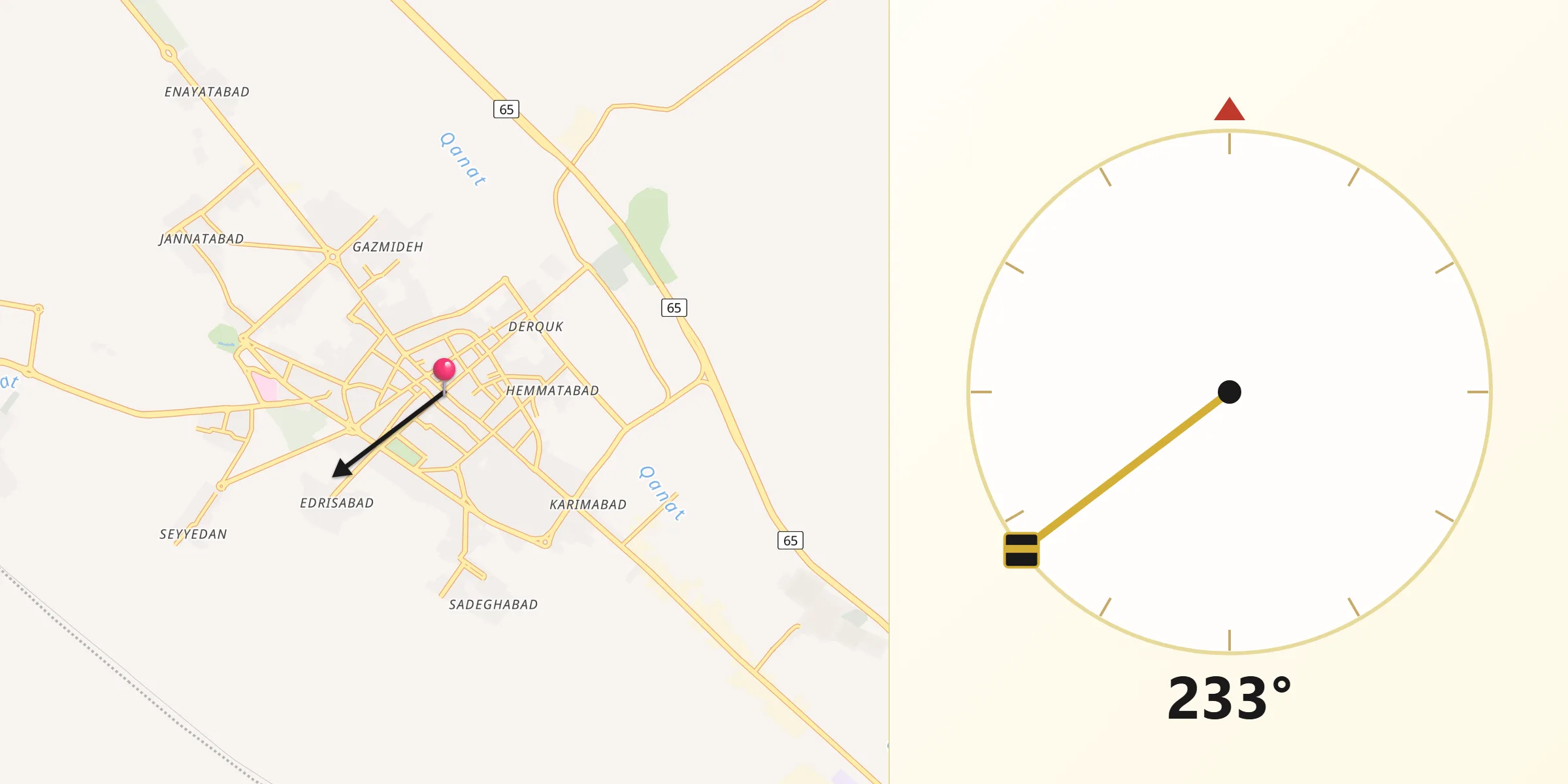 Direction vers la Qibla depuis Abadeh
