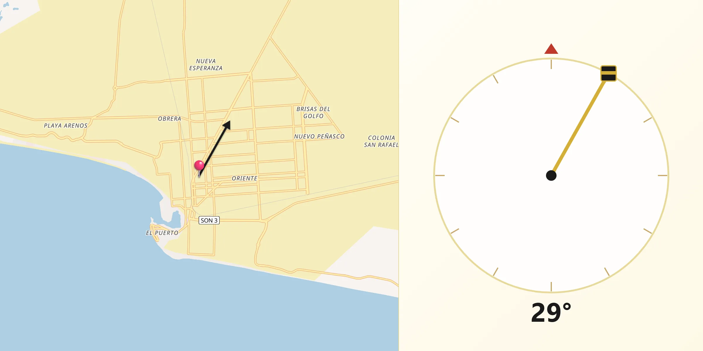 Dirección de la Qibla desde Puerto Peñasco