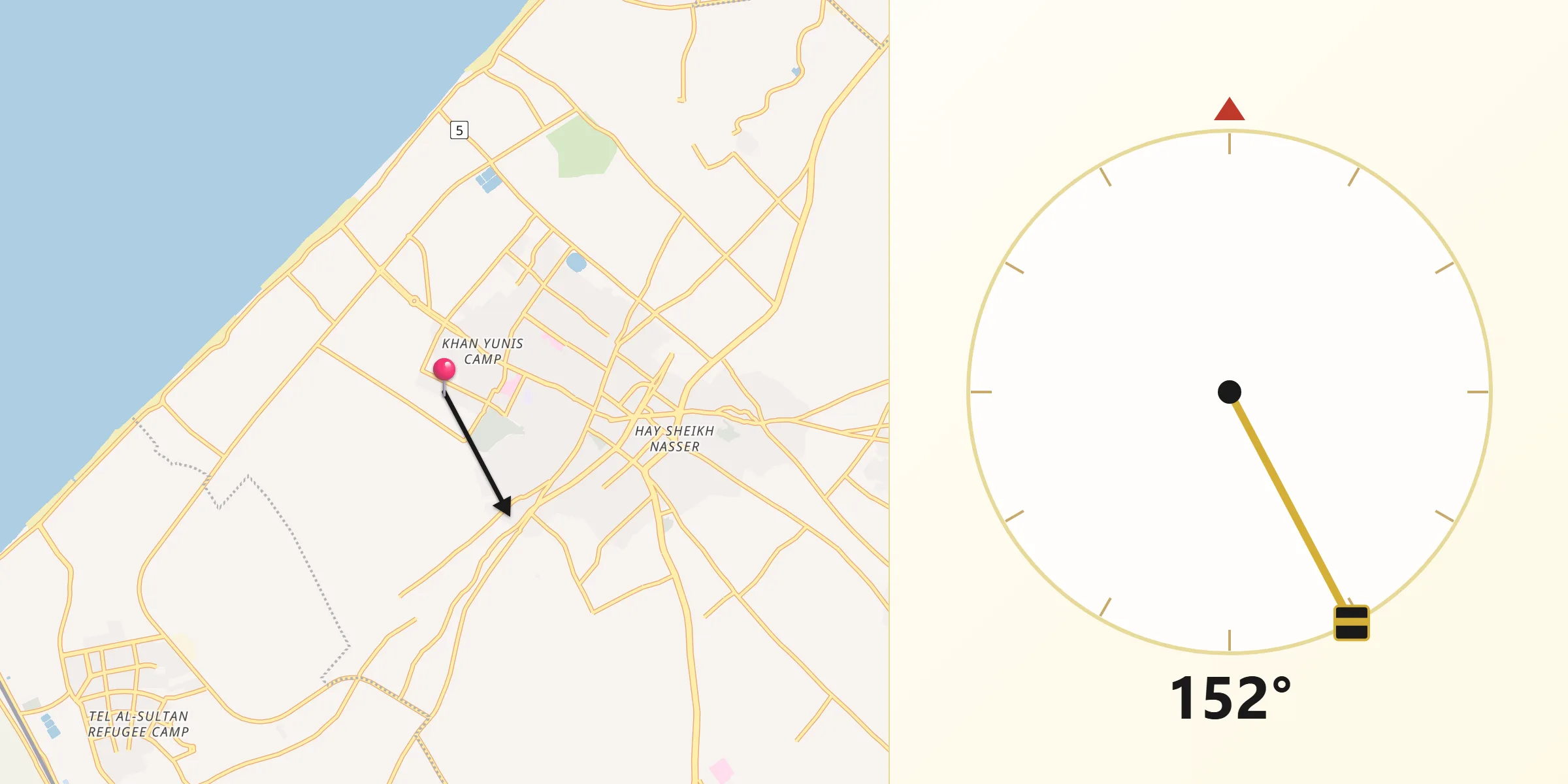 Direction vers la Qibla depuis Khan Younès