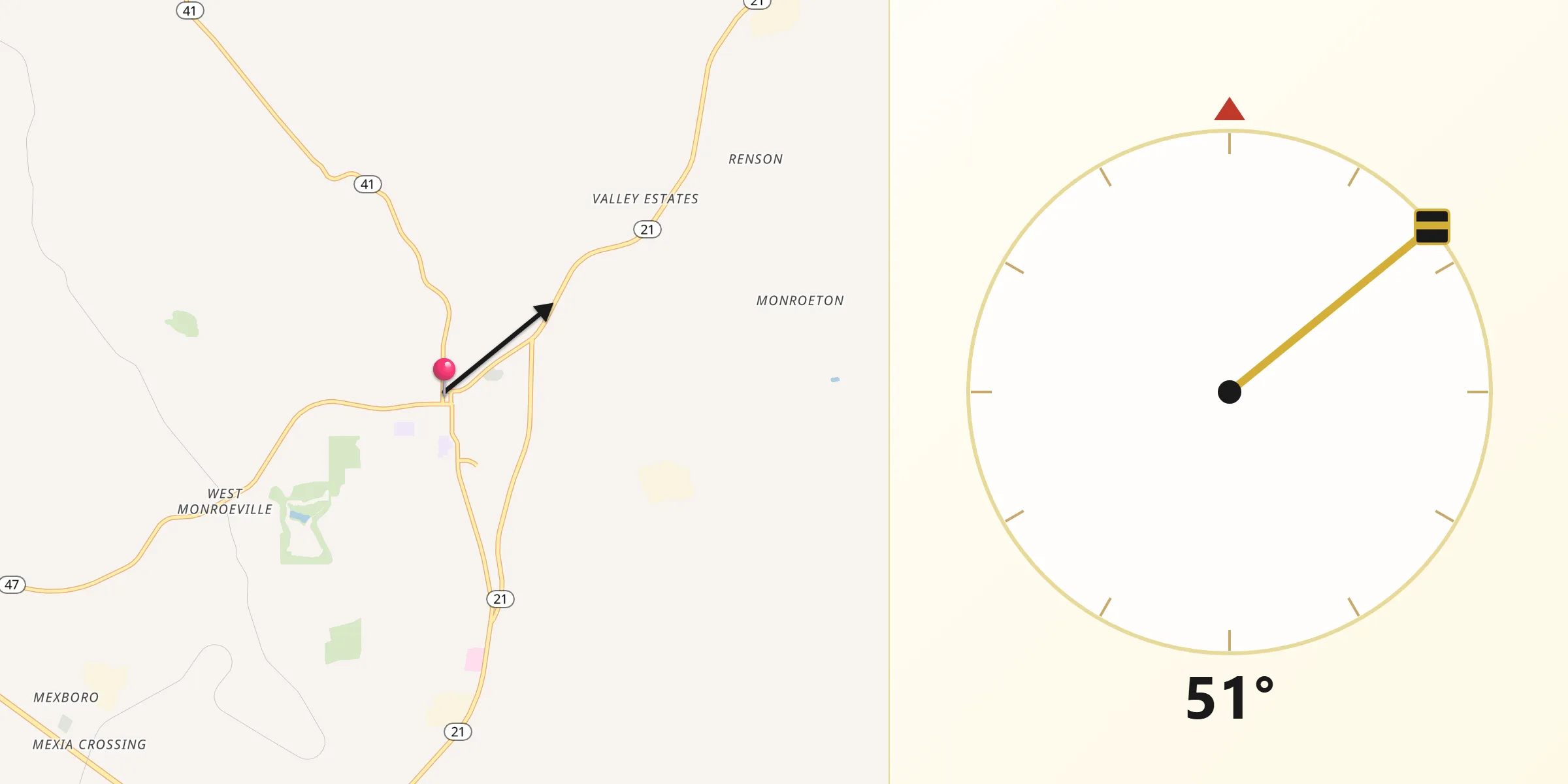 Qibla Direction from Monroeville