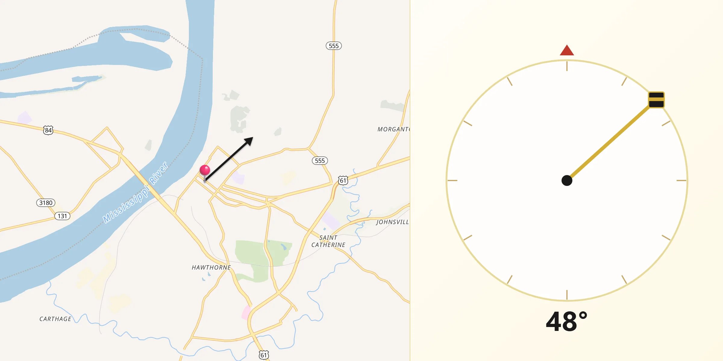 Qibla Direction from Natchez