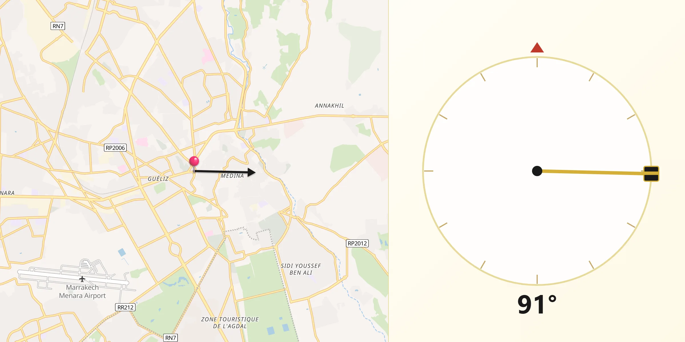 Dirección de la Qibla desde Marrakech