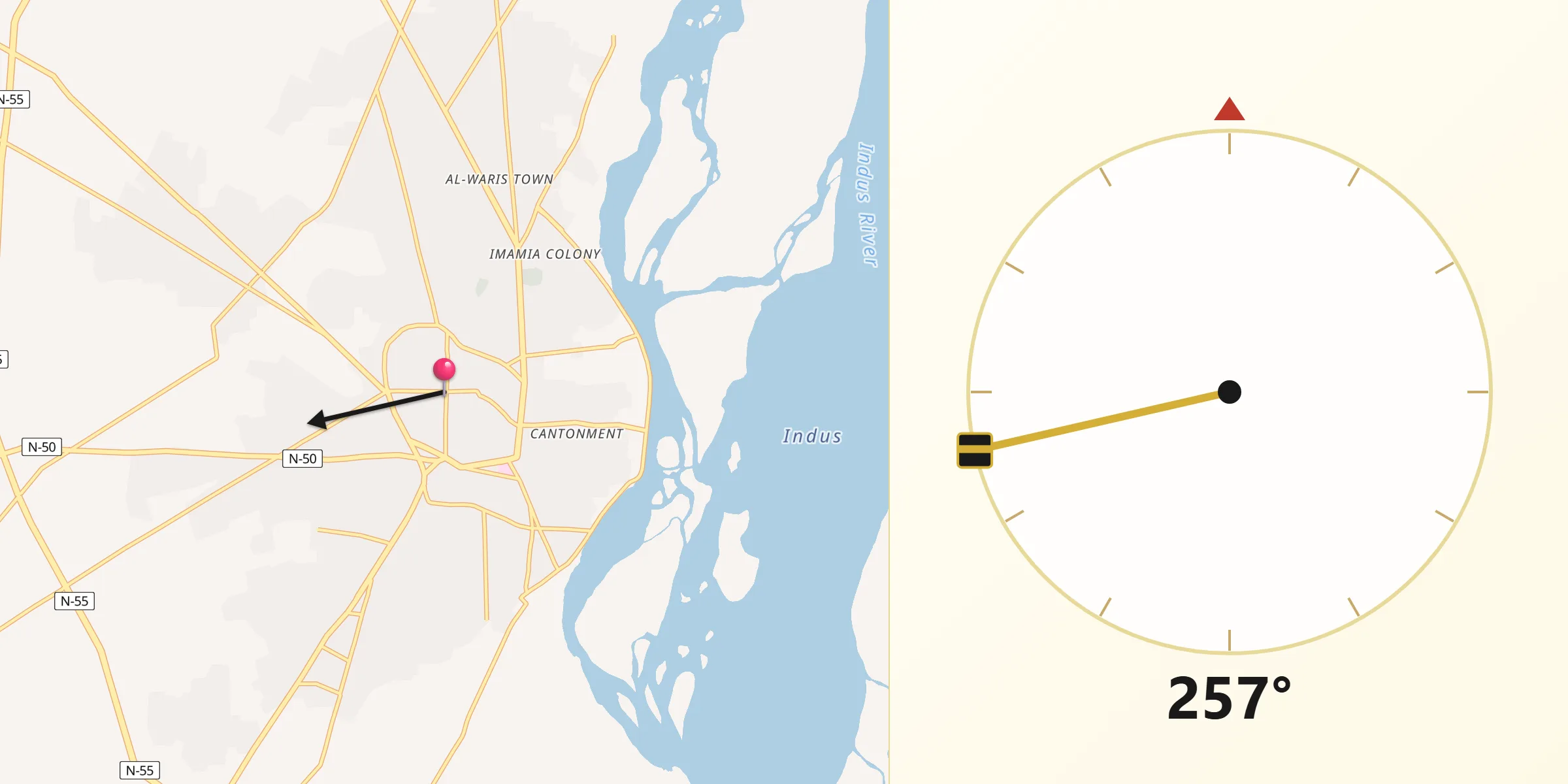 Qibla Direction from Dera Ismail Khan