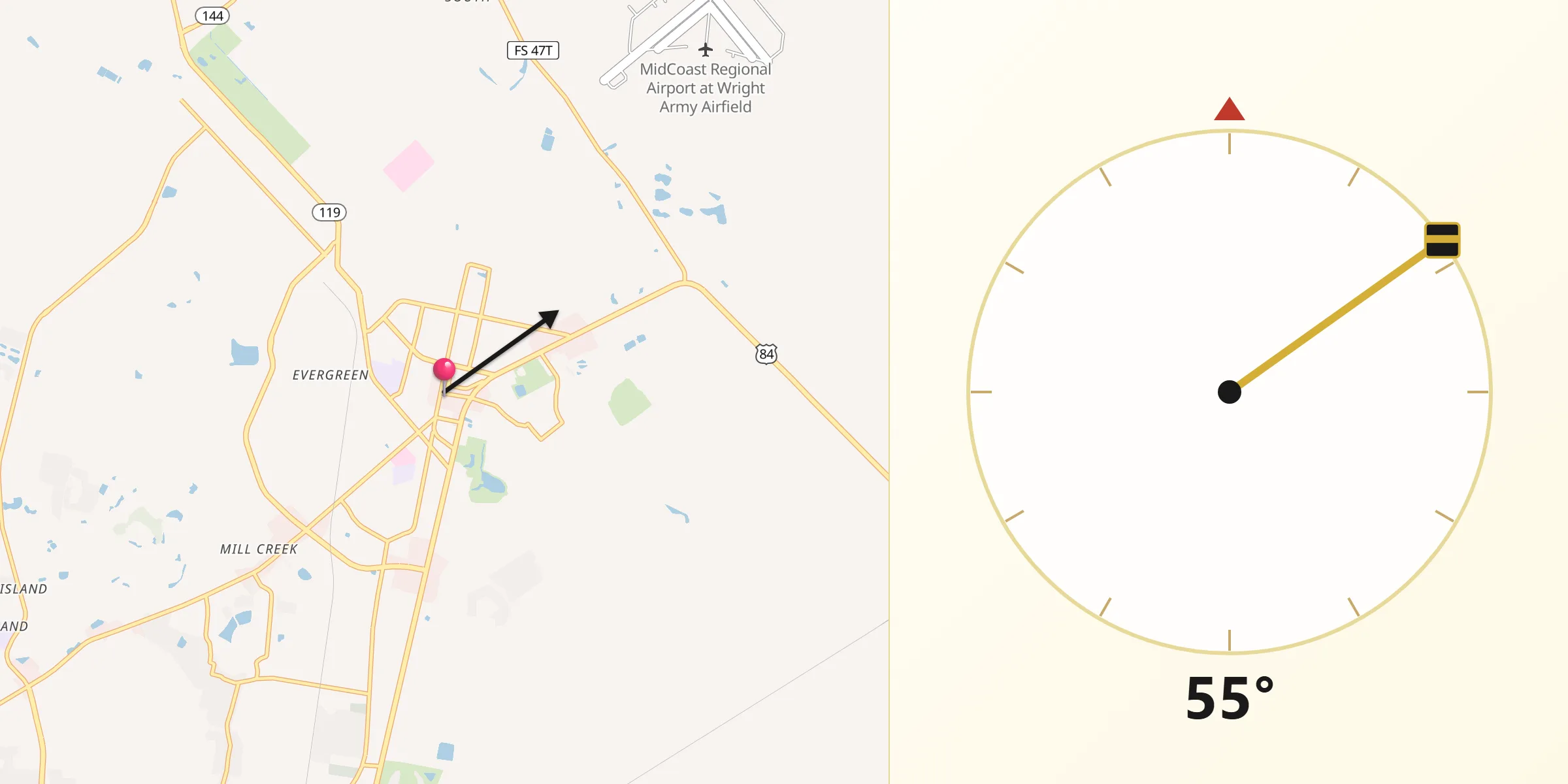 Qibla Direction from Hinesville