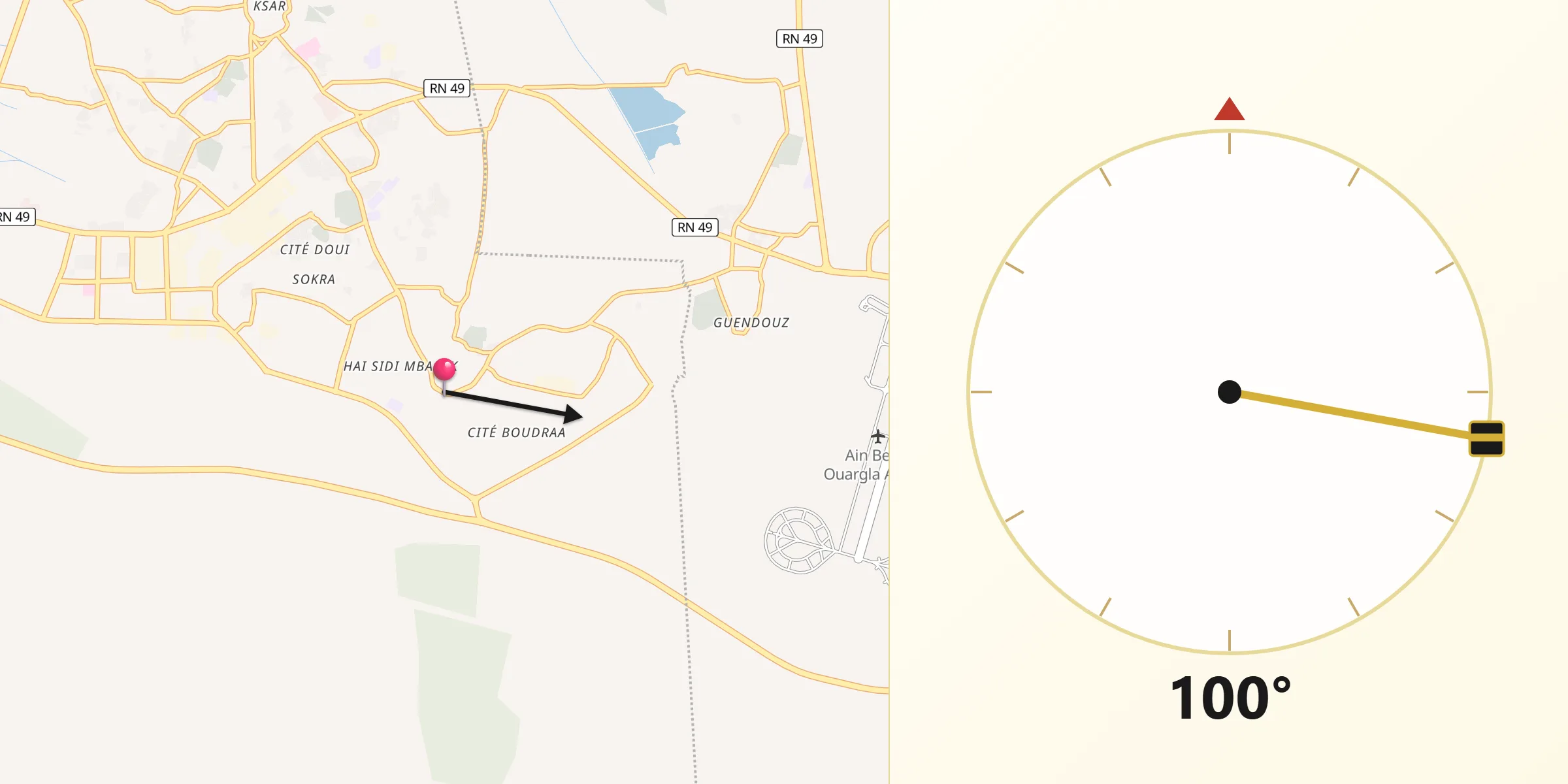 Direction vers la Qibla depuis Rouissat
