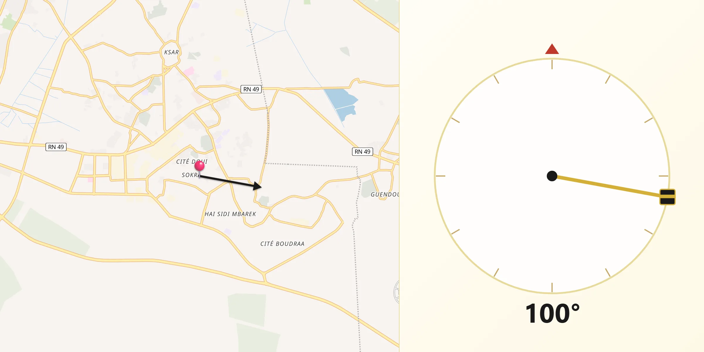 Direction vers la Qibla depuis Rouissat
