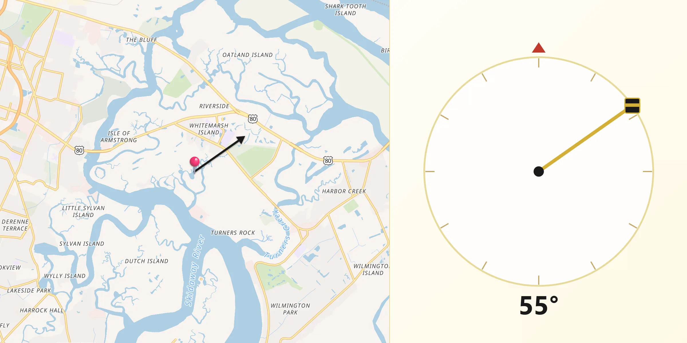 Qibla Direction from Whitemarsh Island