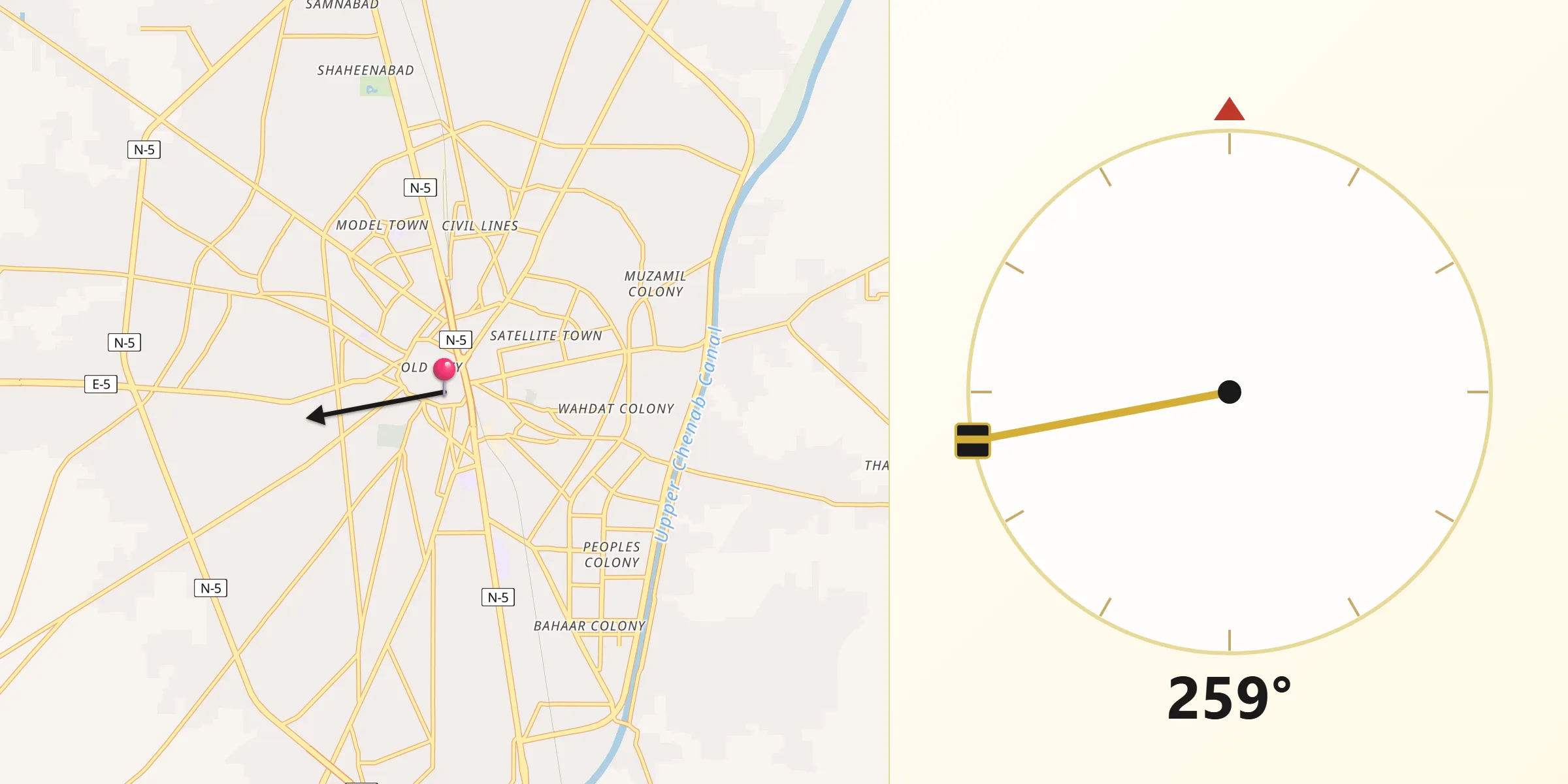 Qibla Direction from Gujranwala