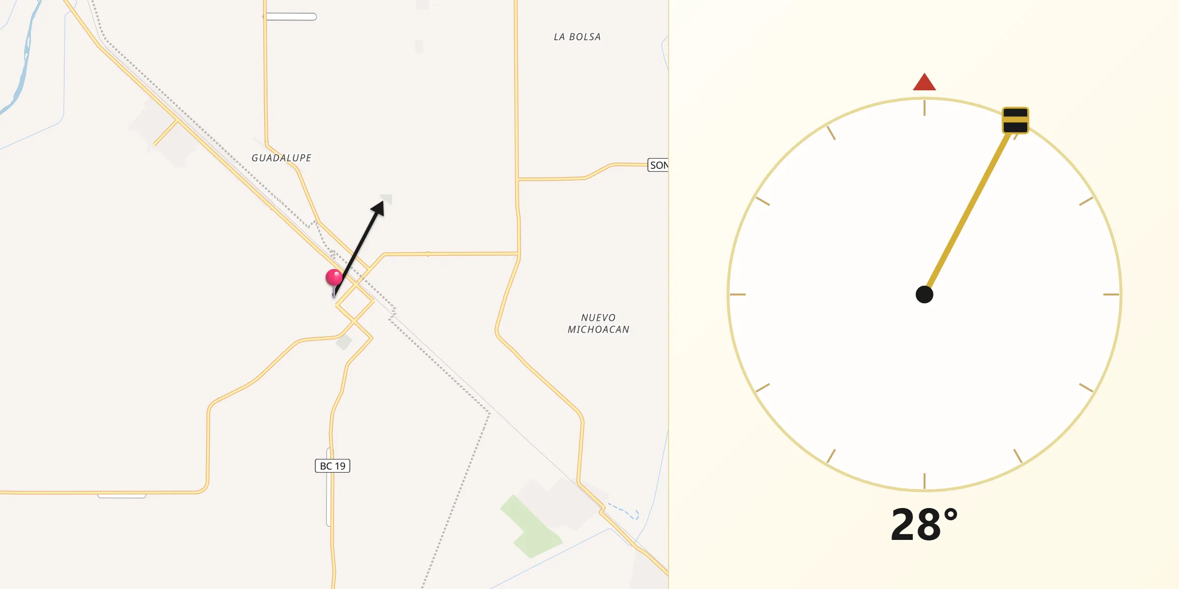 Dirección de la Qibla desde Ciudad Coahuila (Kilómetro Cincuenta y Siete)