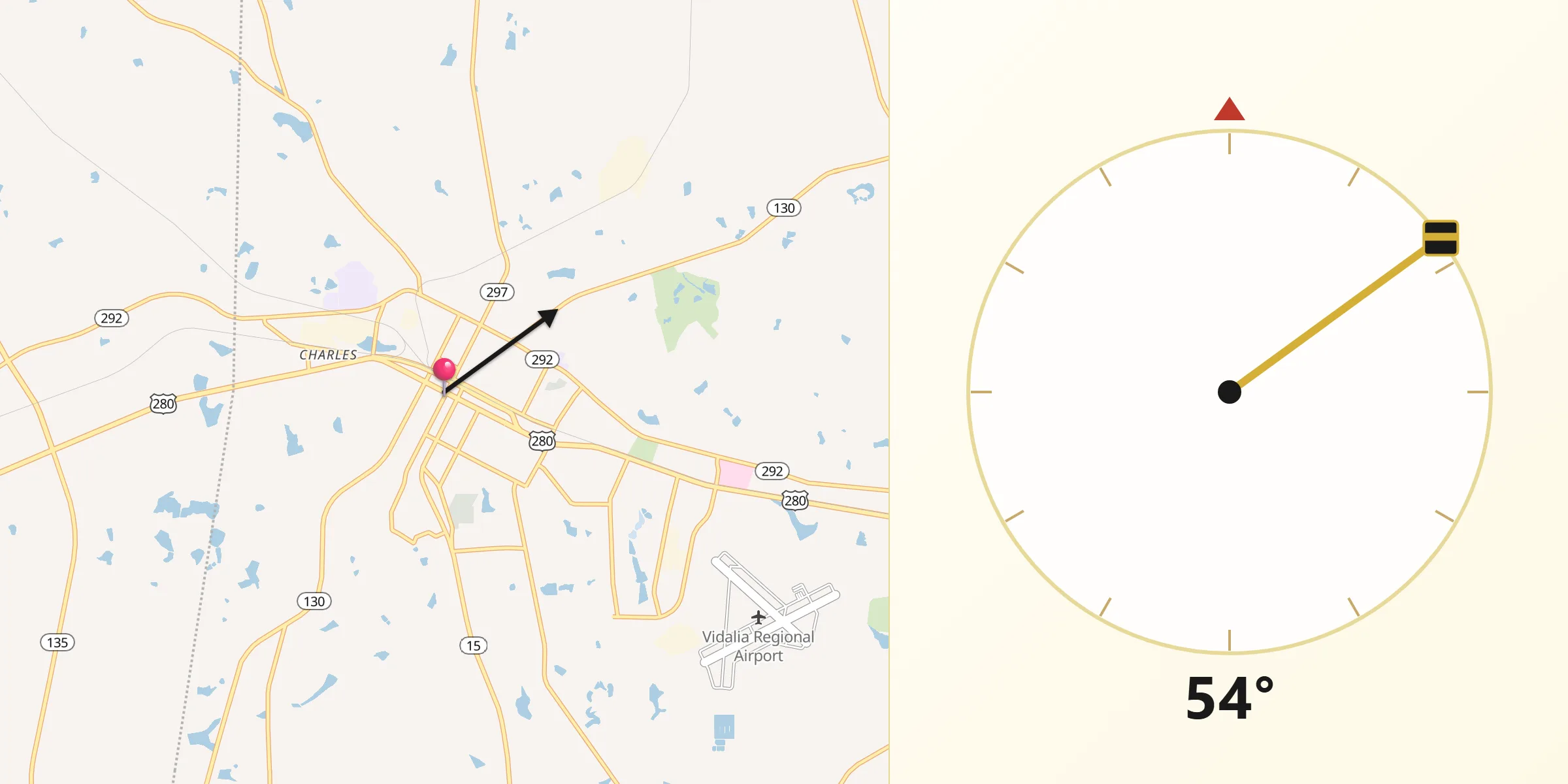 Qibla Direction from Vidalia