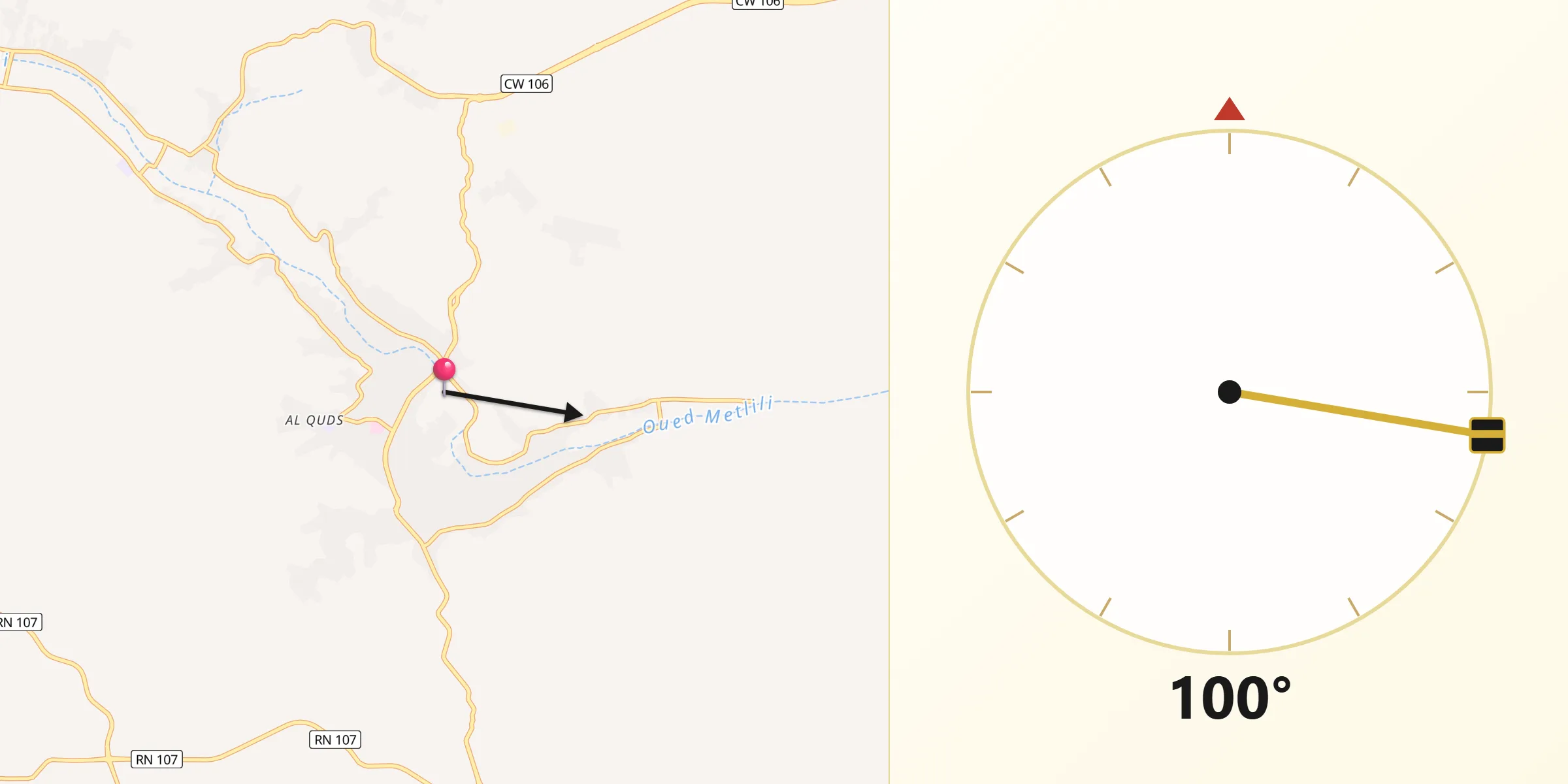 Direction vers la Qibla depuis Metlili Chaamba