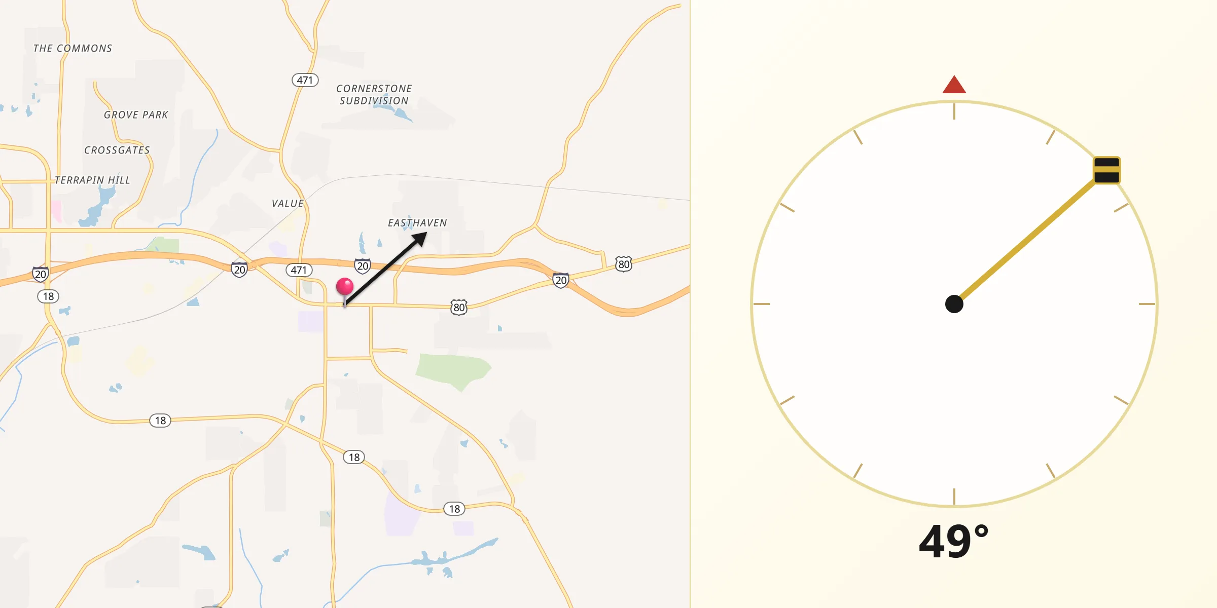 Dirección de la Qibla desde Brandon