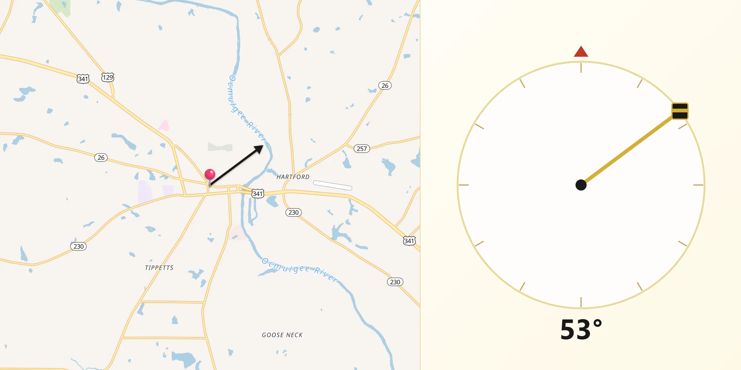 Qibla Direction from Hawkinsville