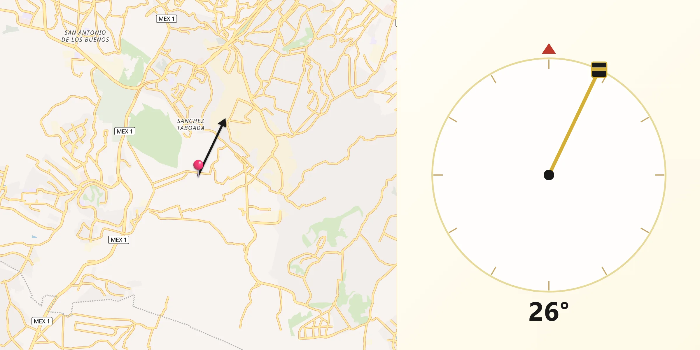 Dirección de la Qibla desde Rancho La Gloria