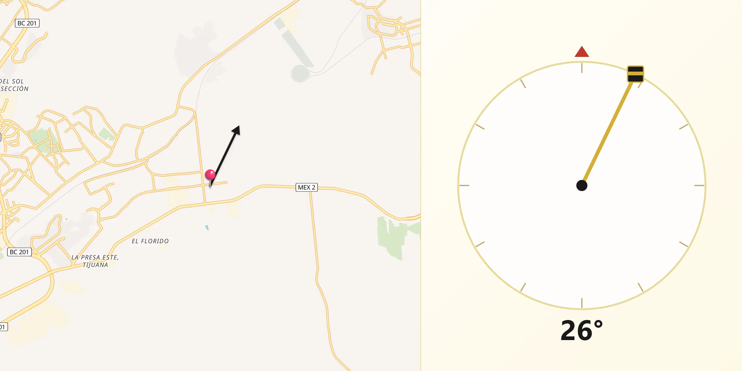 Dirección de la Qibla desde Ejido Ojo de Agua