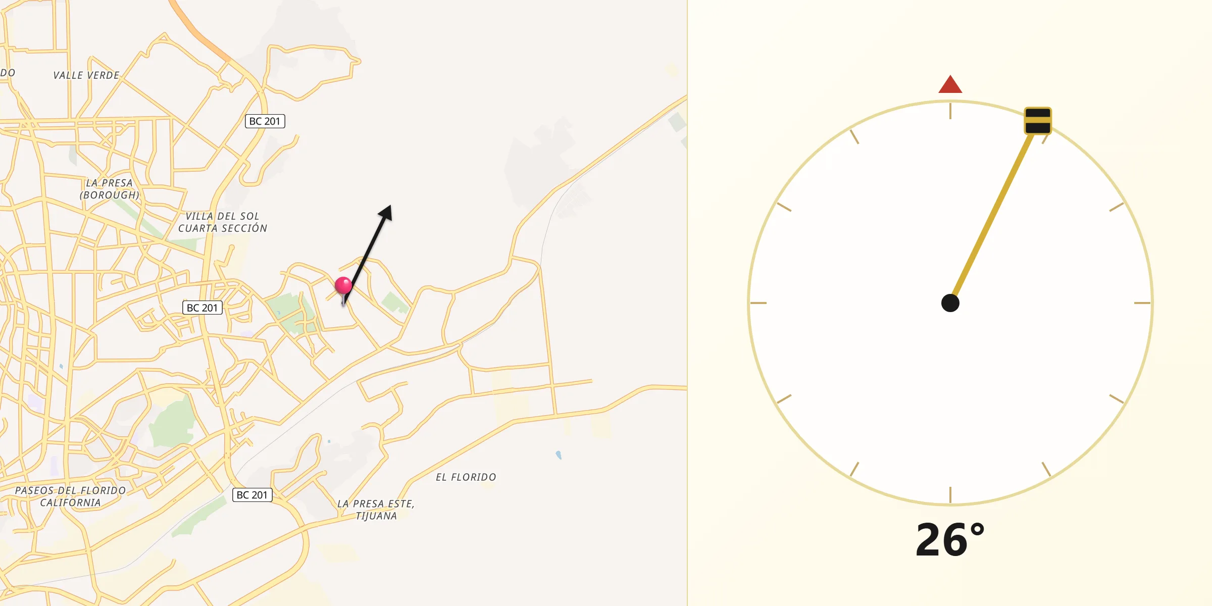 Dirección de la Qibla desde Terrazas del Valle