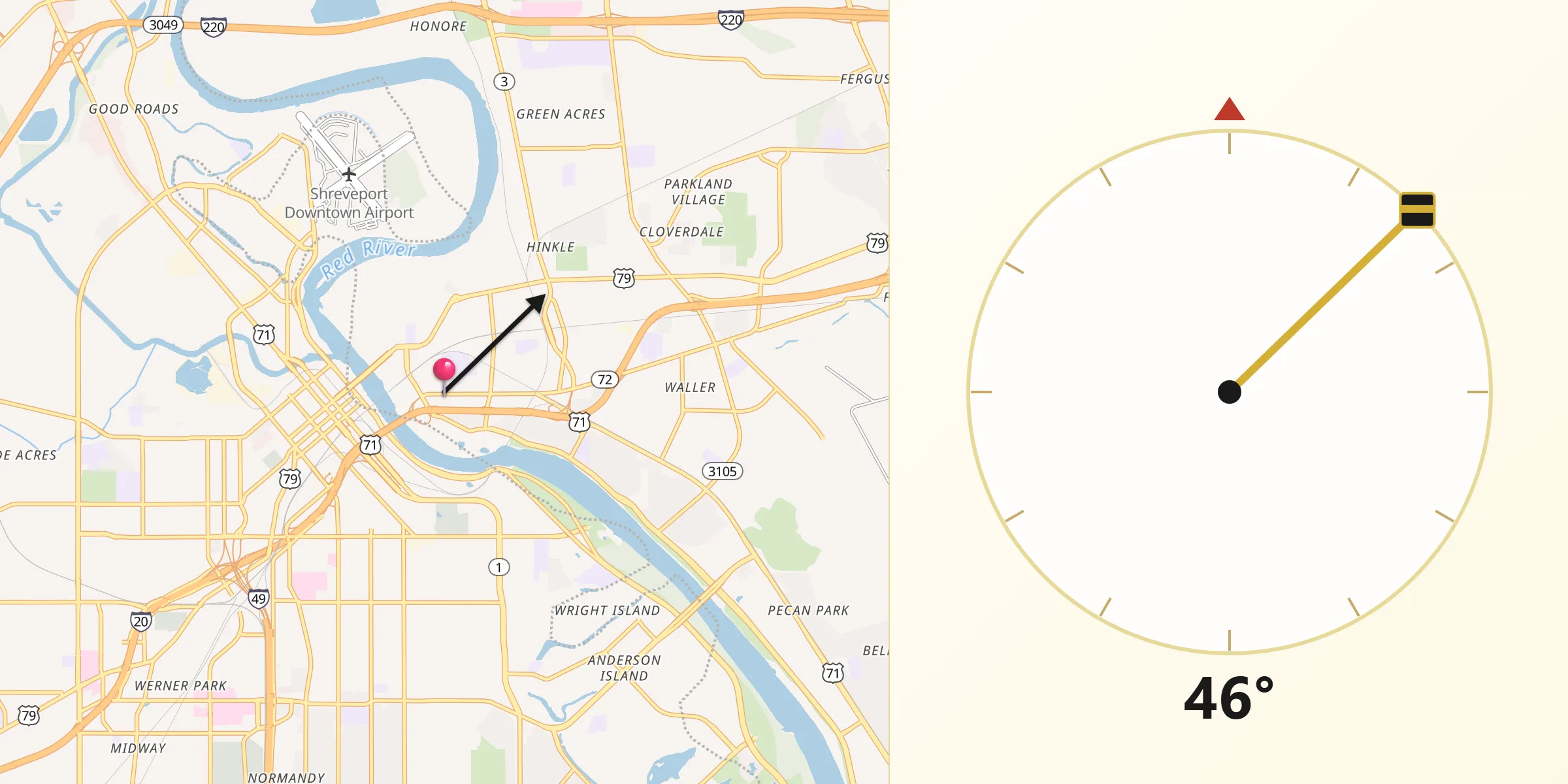 Qibla Direction from Bossier City