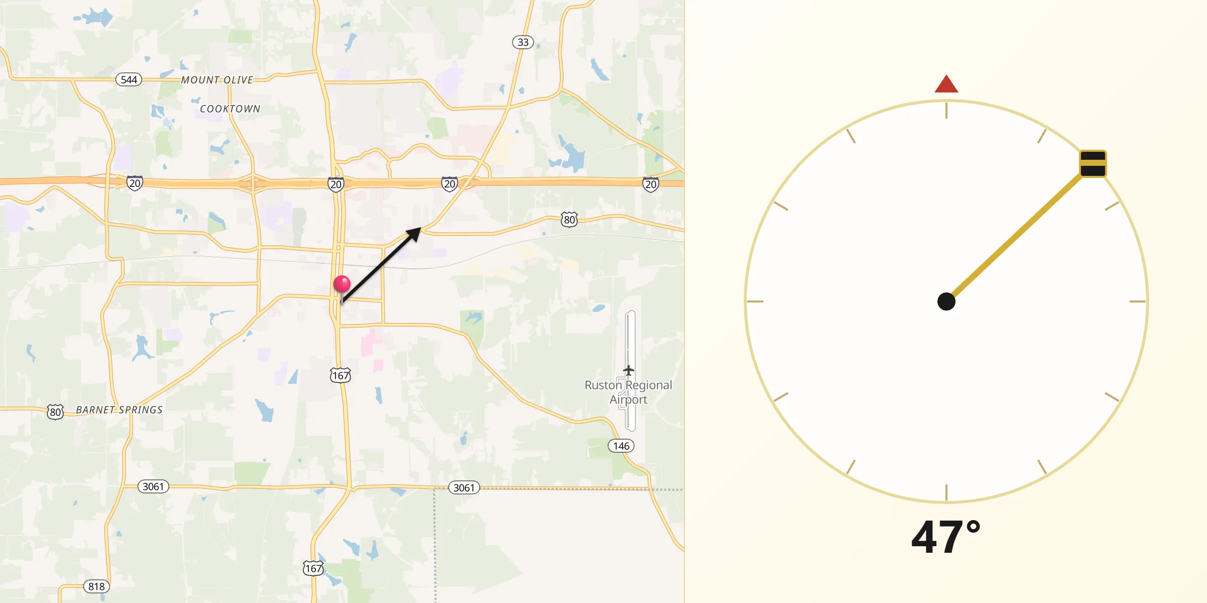 Qibla Direction from Ruston