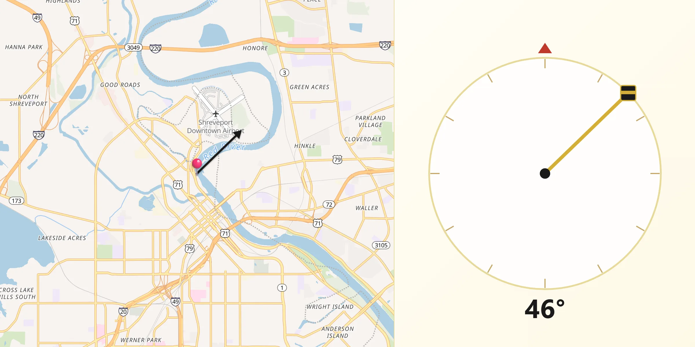Qibla Direction from Shreveport