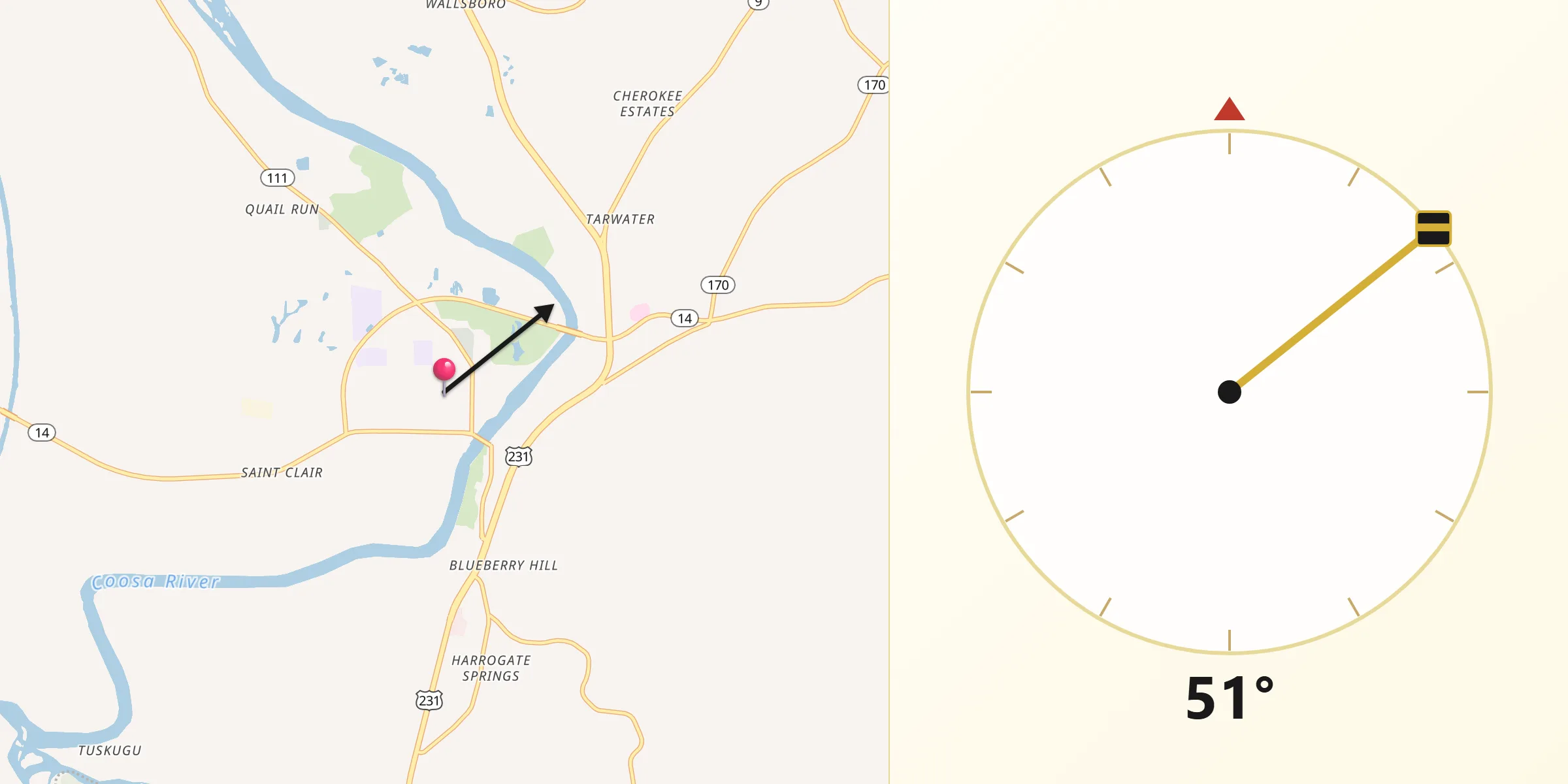 Qibla Direction from Wetumpka