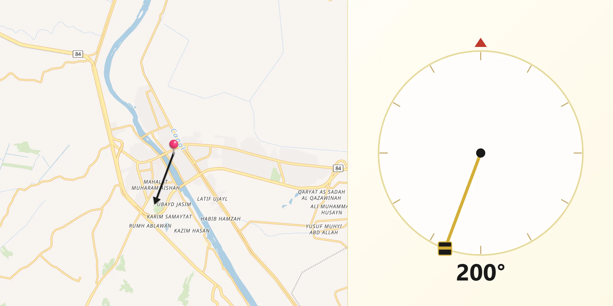 Direction vers la Qibla depuis Al Hindīyah
