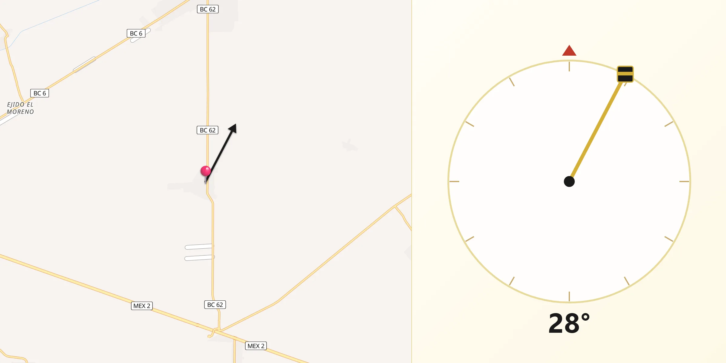 Dirección de la Qibla desde Ejido Tabasco