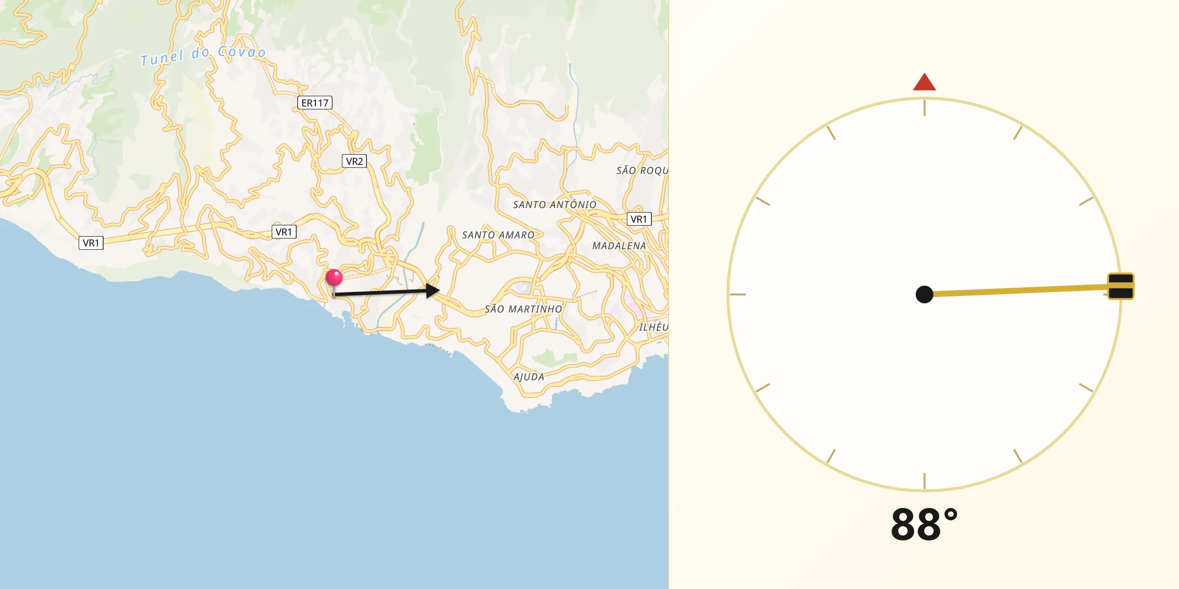Direção da Qibla a partir de Câmara de Lobos
