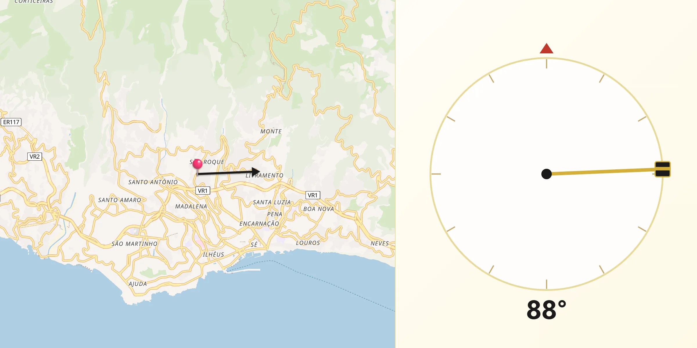 Direção da Qibla a partir de Funchal