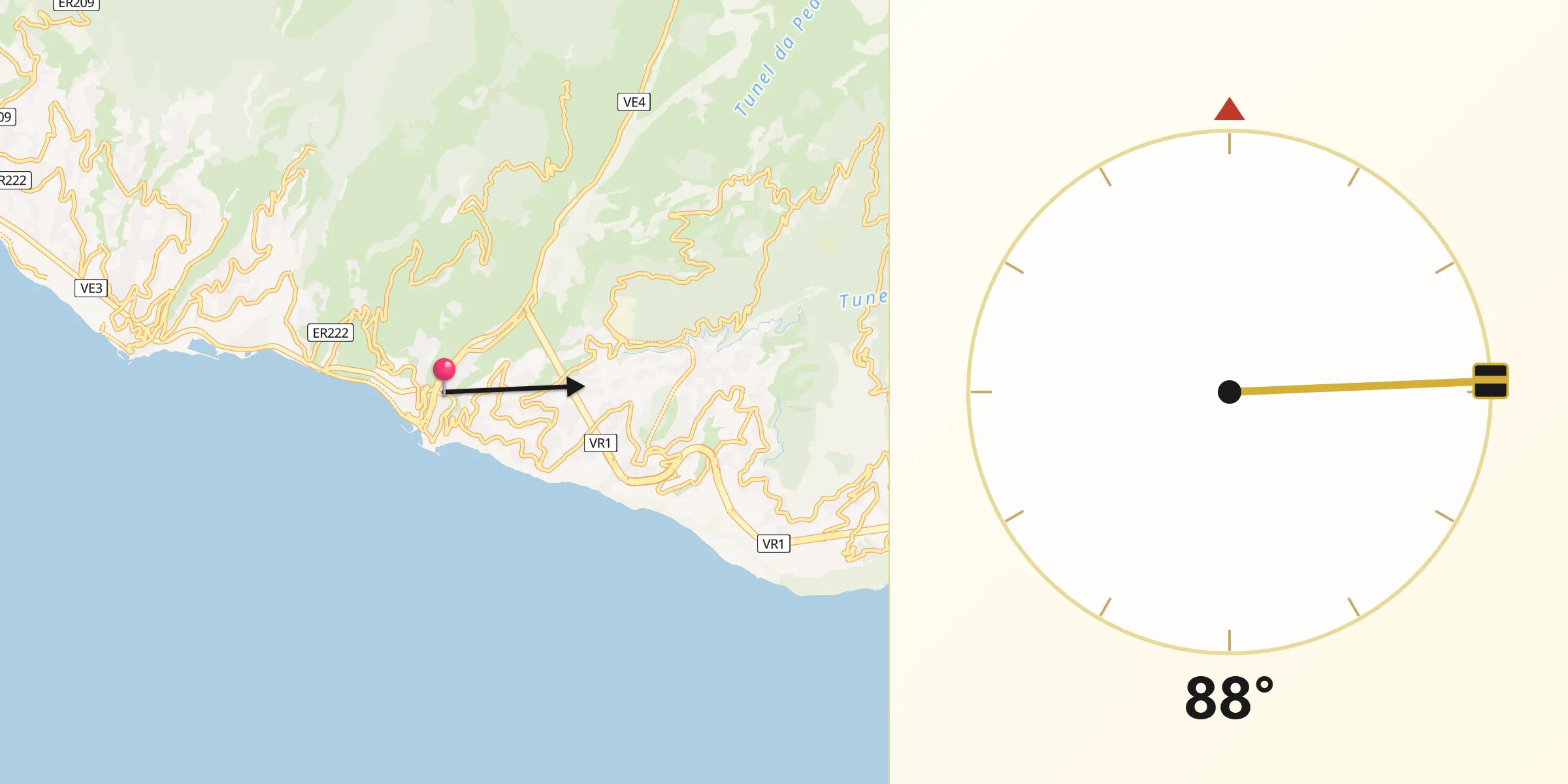 Direção da Qibla a partir de Ribeira Brava
