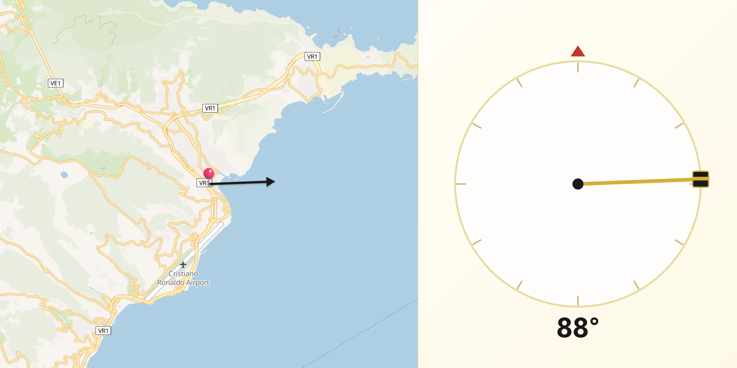Direção da Qibla a partir de Machico