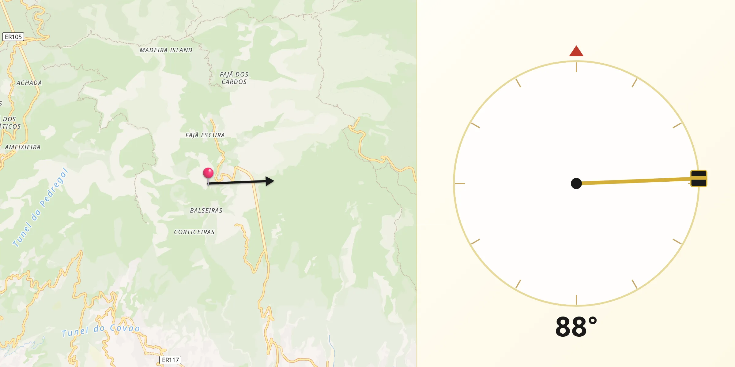 Direção da Qibla a partir de Curral das Freiras