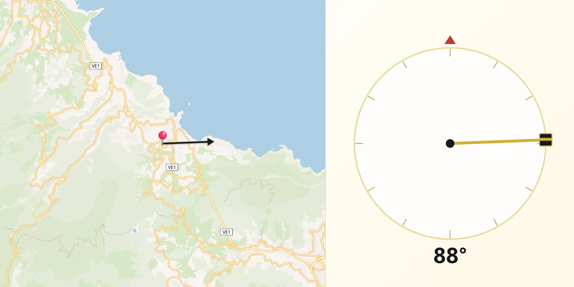 Direção da Qibla a partir de Porto da Cruz