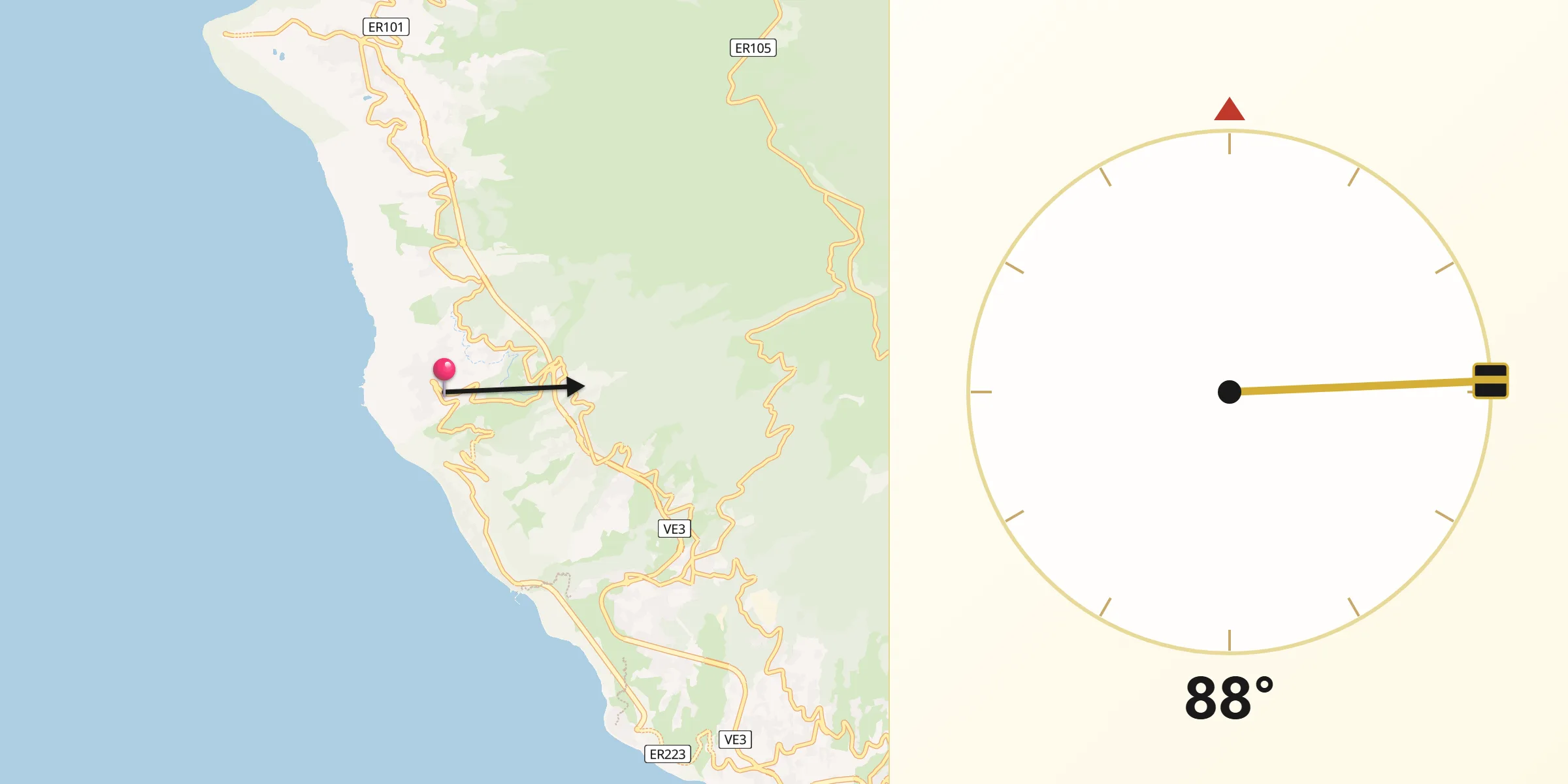 Direção da Qibla a partir de Fajã da Ovelha