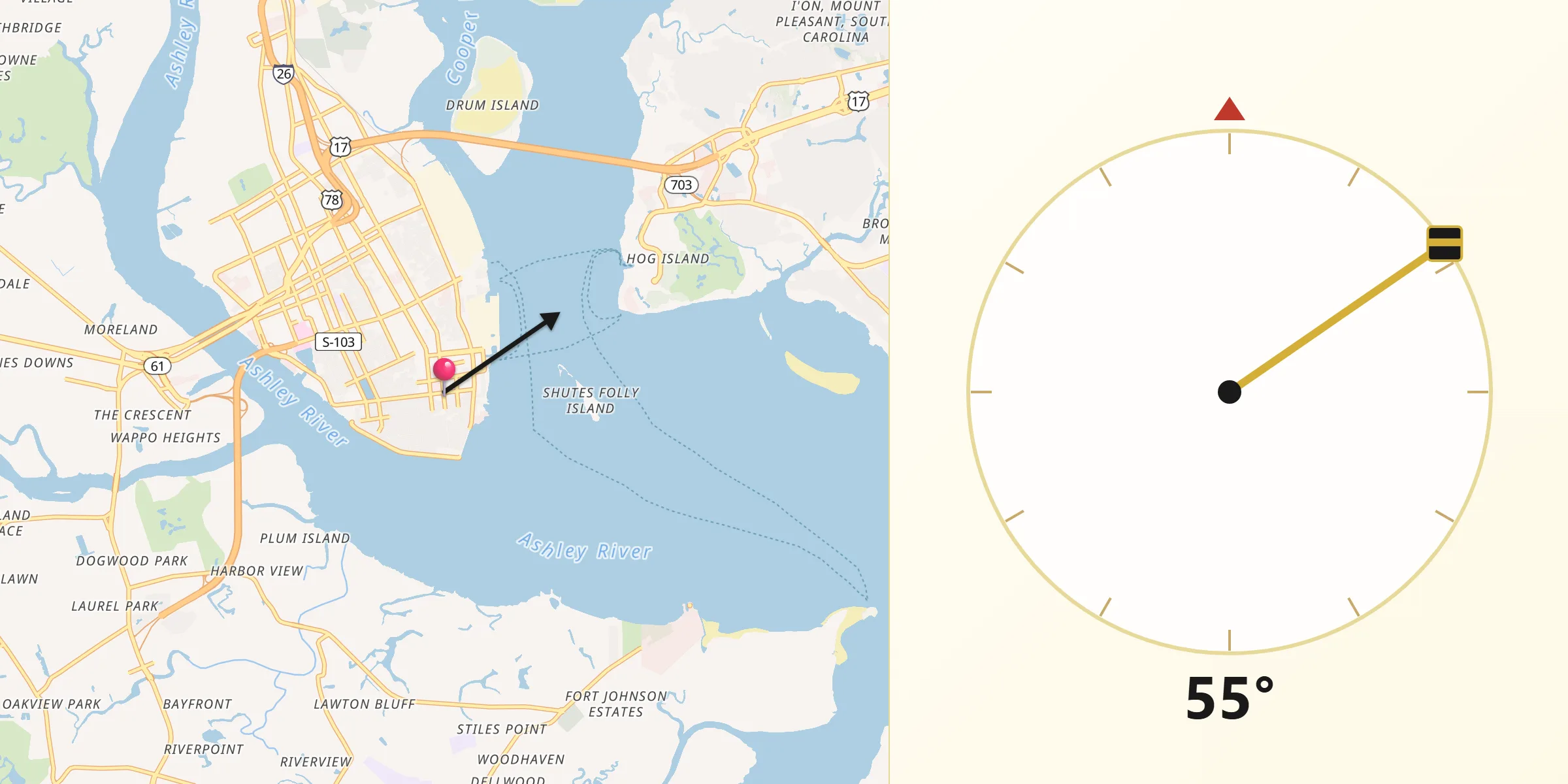 Dirección de la Qibla desde Charleston