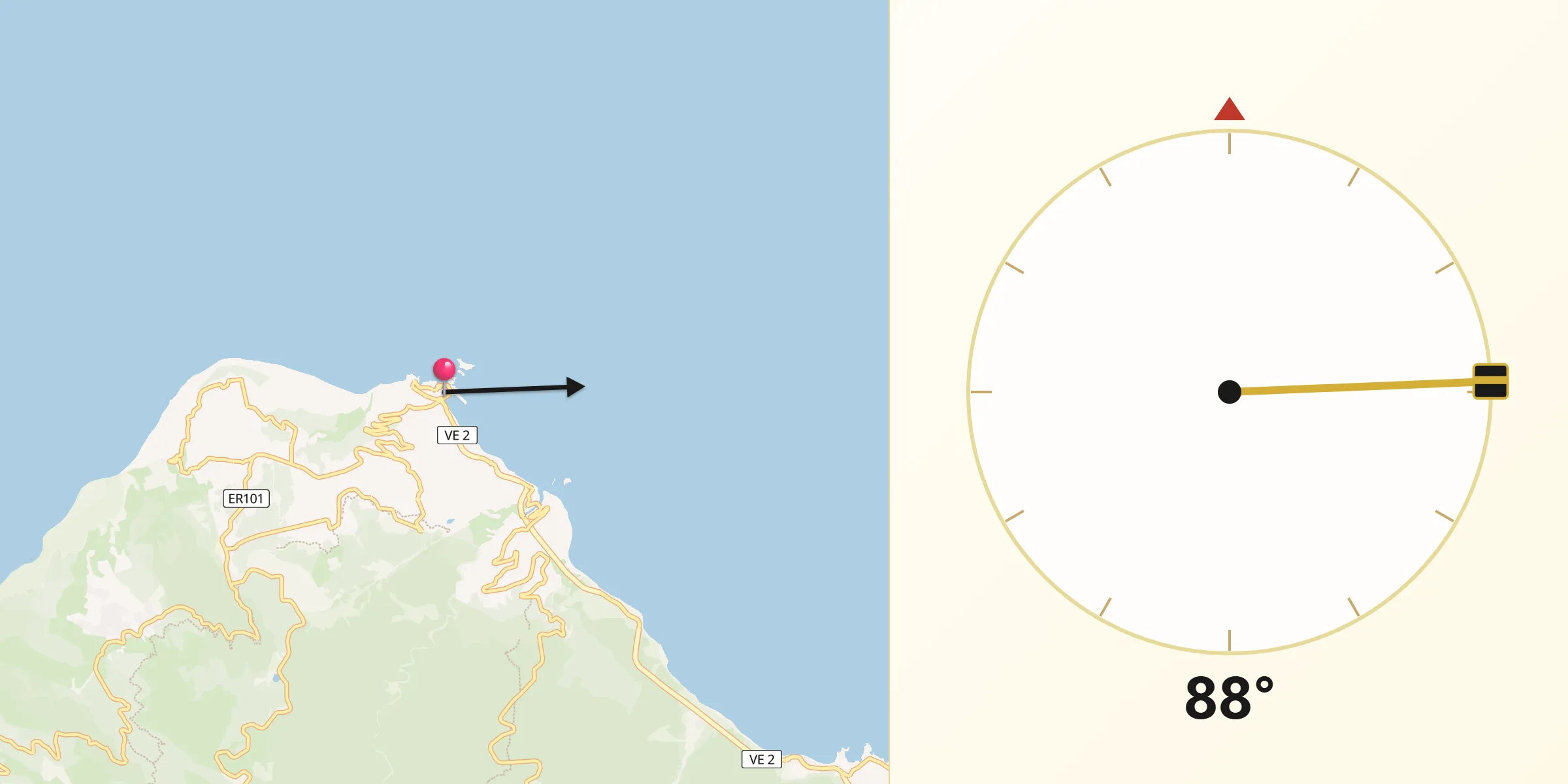 Direção da Qibla a partir de Porto Moniz