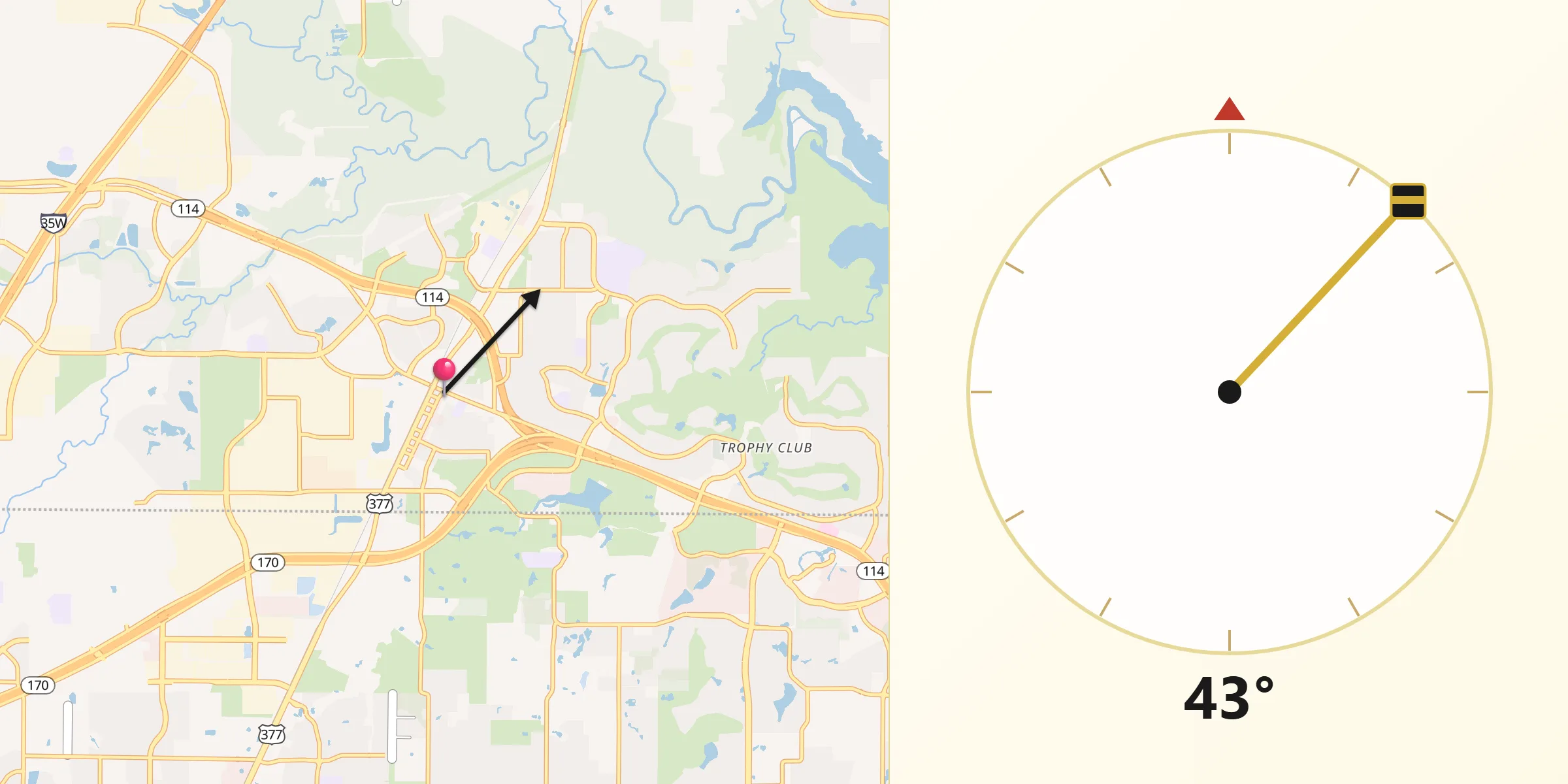 Dirección de la Qibla desde Roanoke