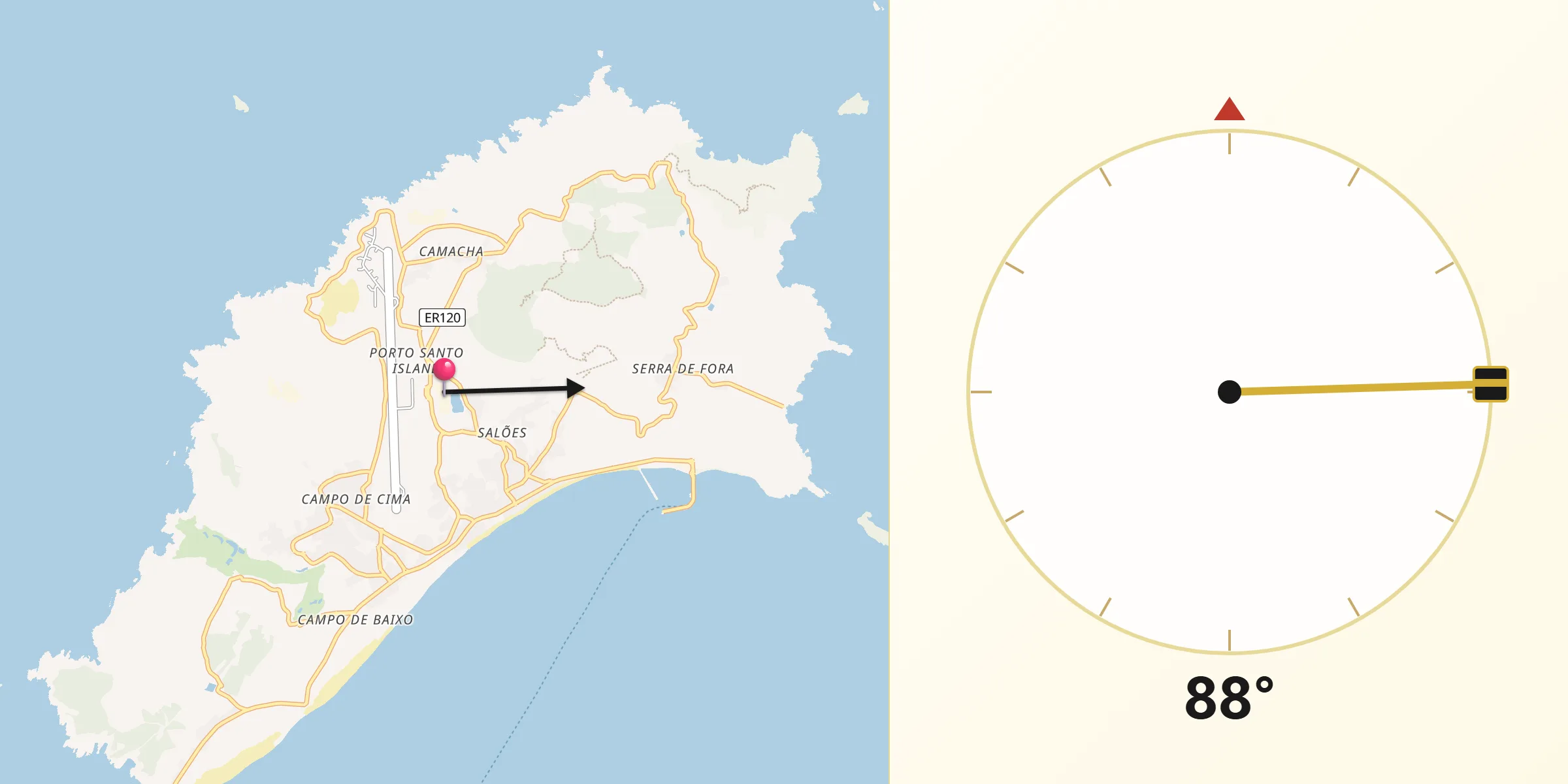 Direção da Qibla a partir de Porto Santo