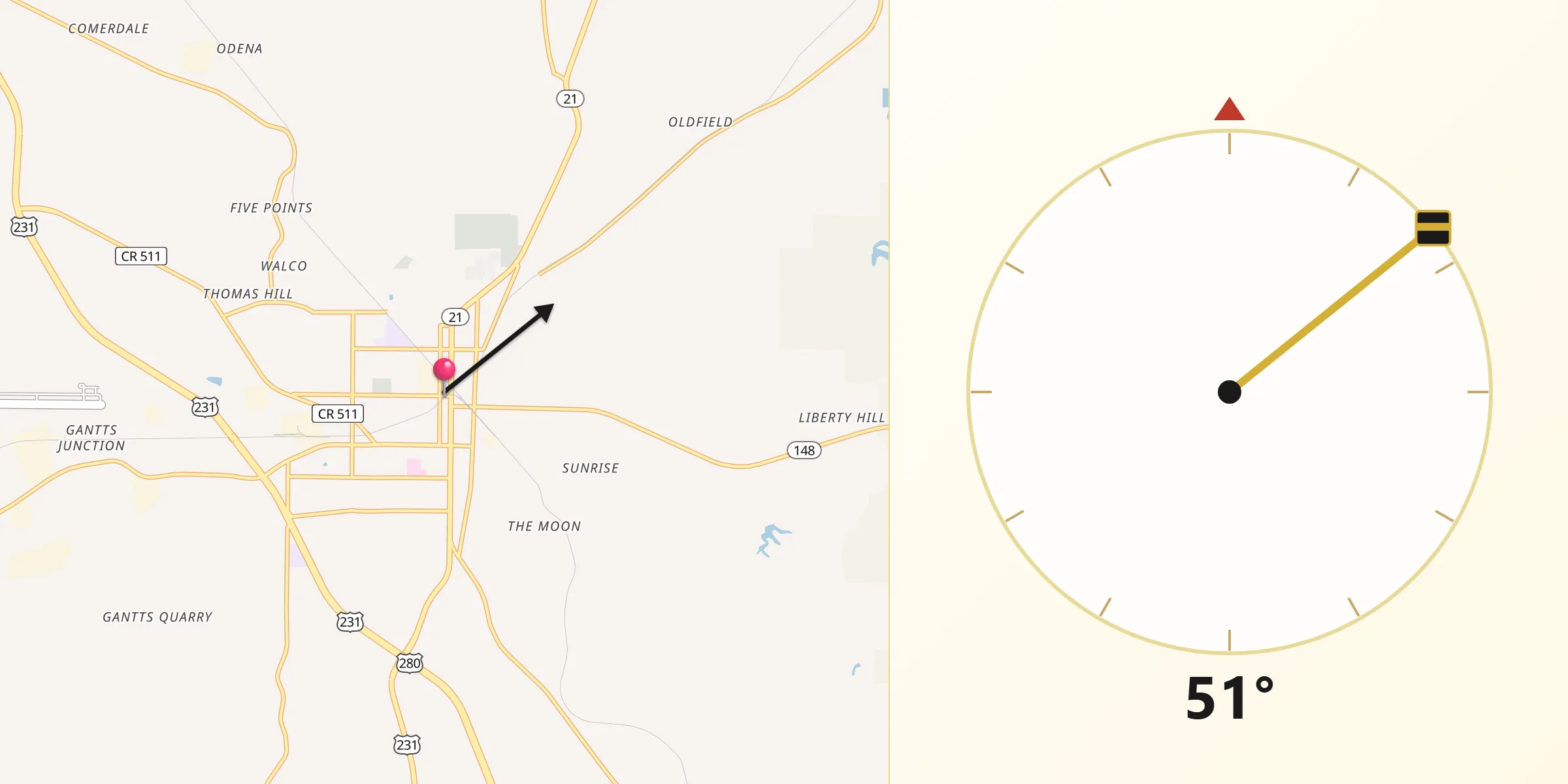 Qibla Direction from Sylacauga