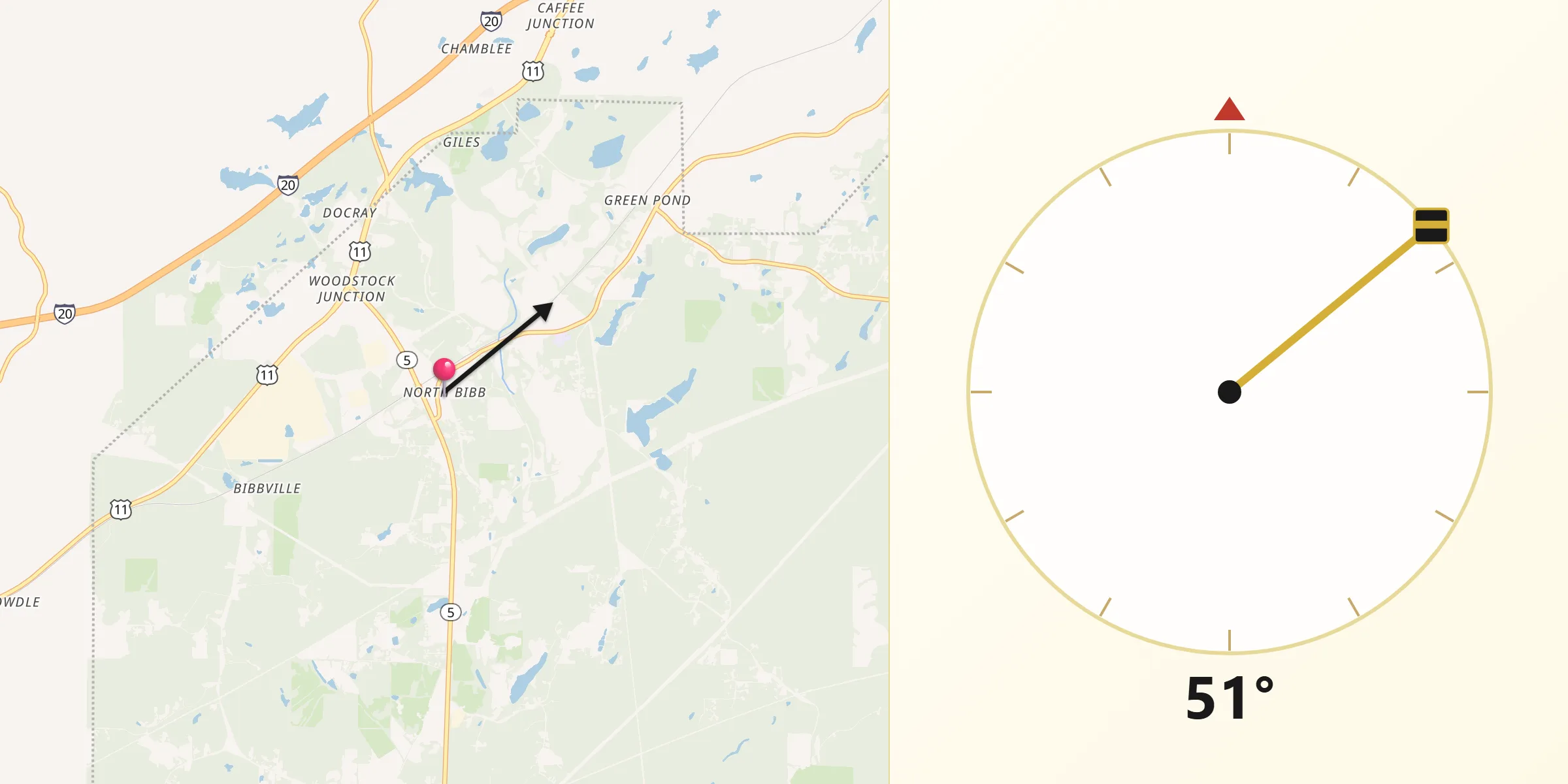 Qibla Direction from North Bibb