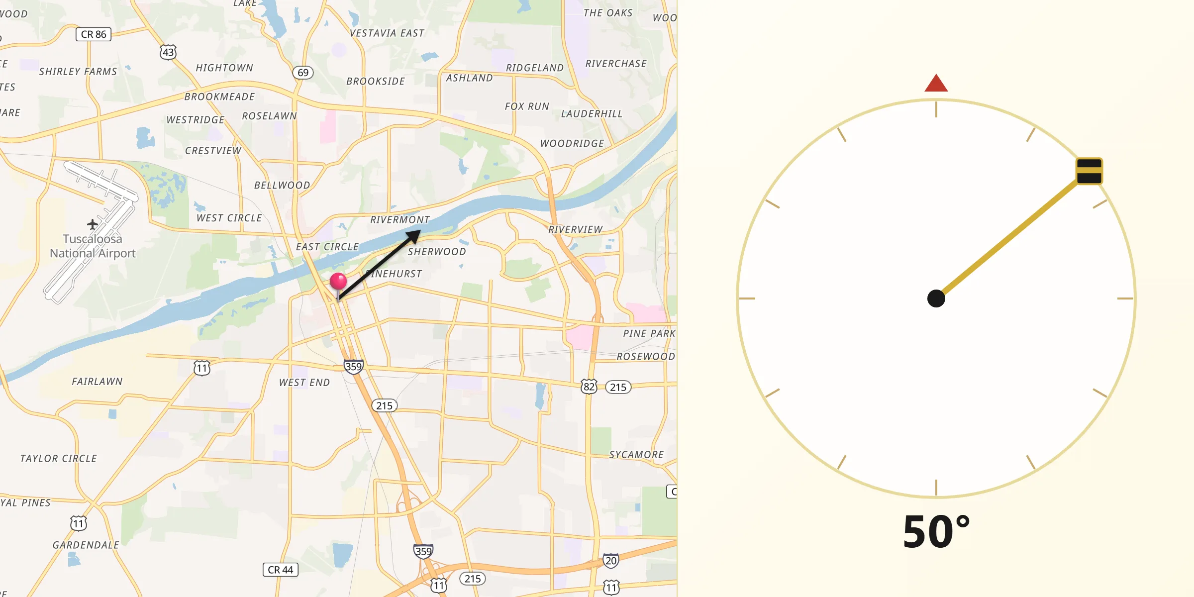 Qibla Direction from Tuscaloosa