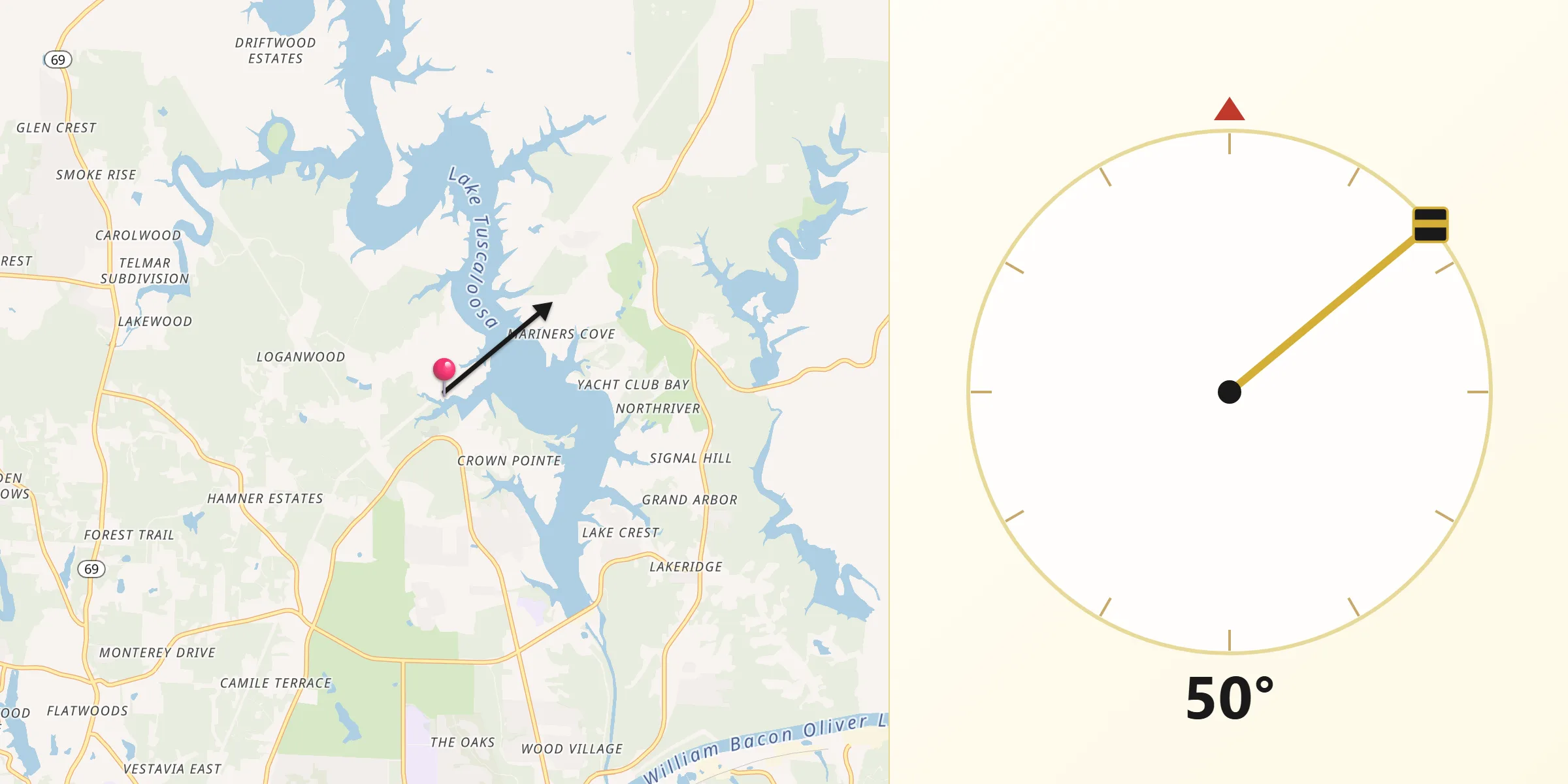 Qibla Direction from Tuscaloosa County